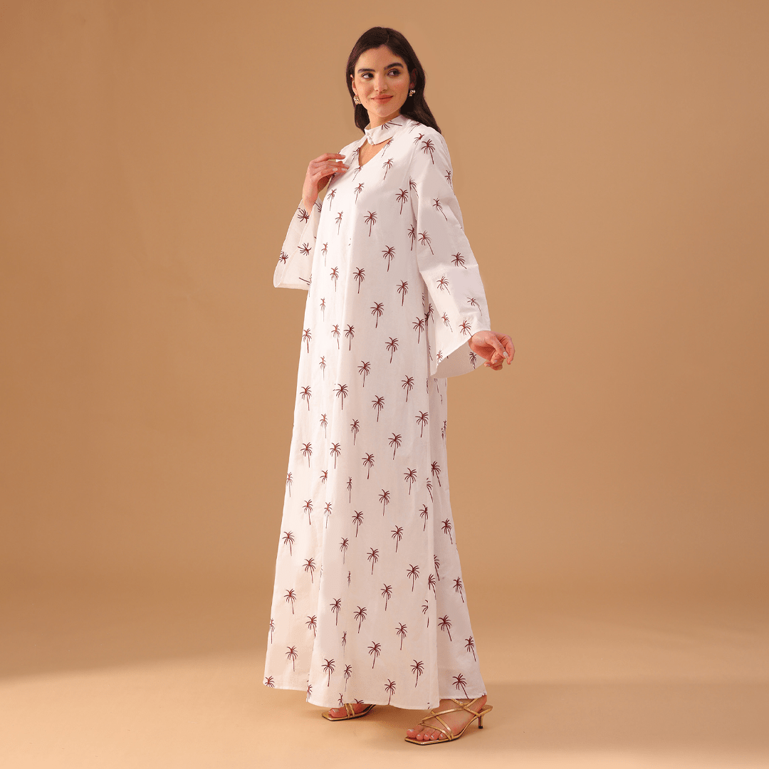 White Fully Embroidered Long Sleeve Kaftan - shopaleena