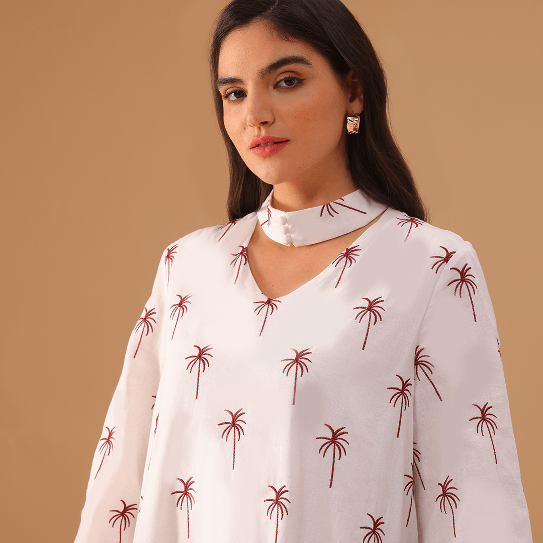 White Fully Embroidered Long Sleeve Kaftan - shopaleena