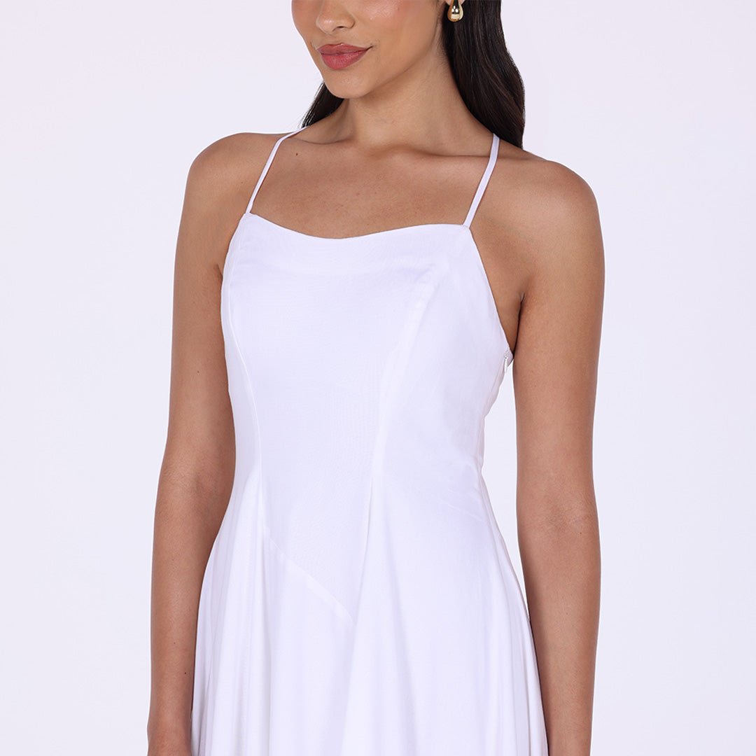 White Halter Straps Hanky Hem Midi Dress - shopaleena