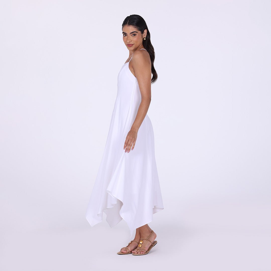 White Halter Straps Hanky Hem Midi Dress - shopaleena