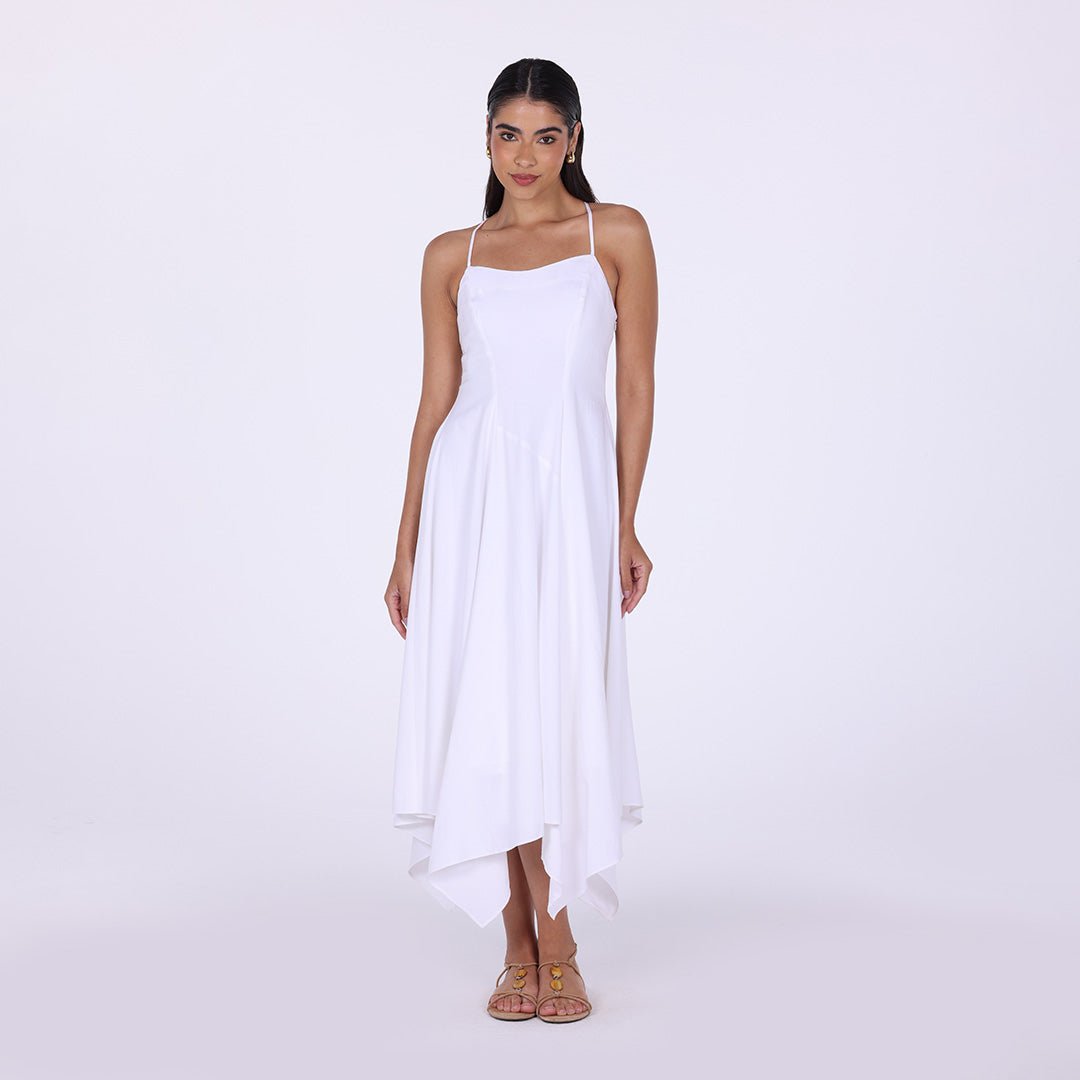 White Halter Straps Hanky Hem Midi Dress - shopaleena