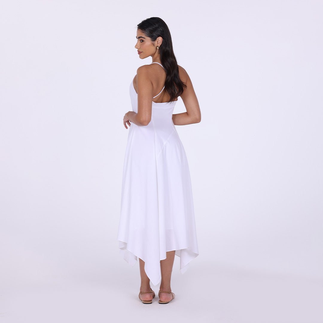 White Halter Straps Hanky Hem Midi Dress - shopaleena