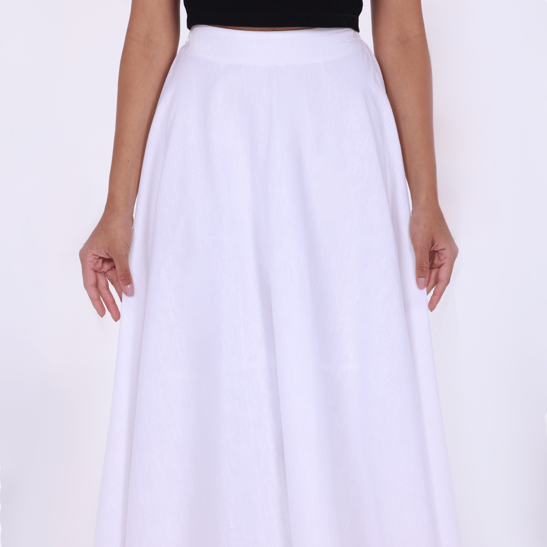 White Linen Blend Asymmetric Hem Maxi Skirt - shopaleena
