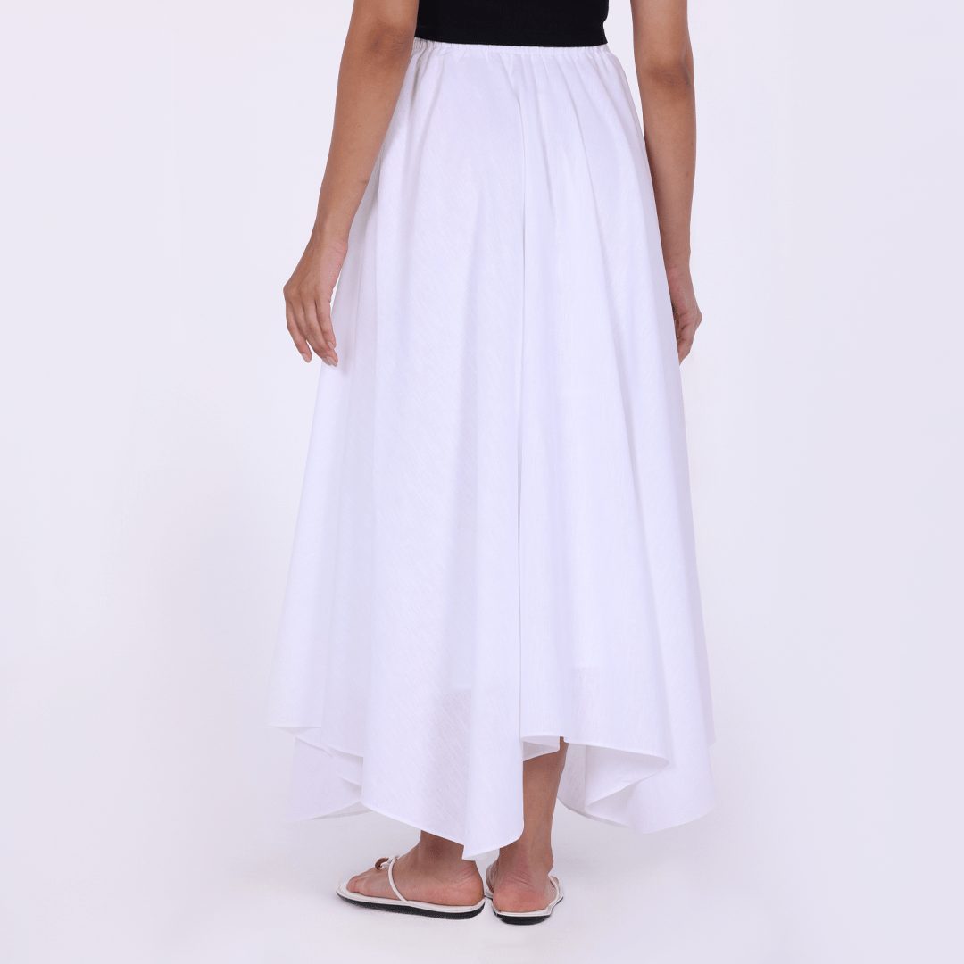 White Linen Blend Asymmetric Hem Maxi Skirt - shopaleena