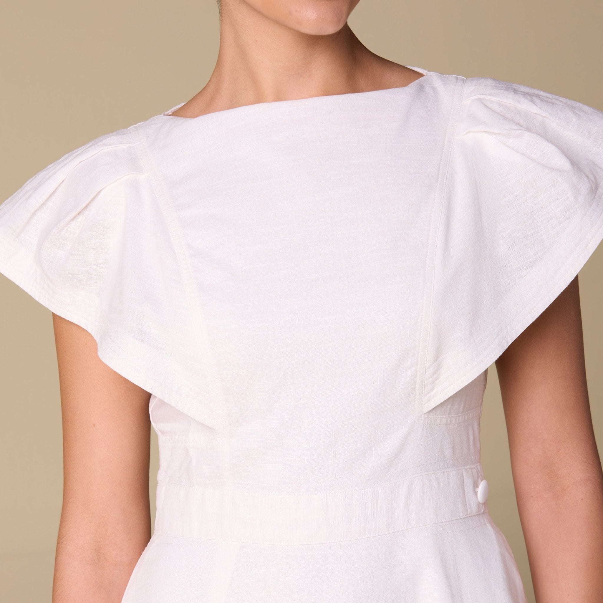 White Linen Blend Short Flared Sleeve Midi Dress - shopaleena