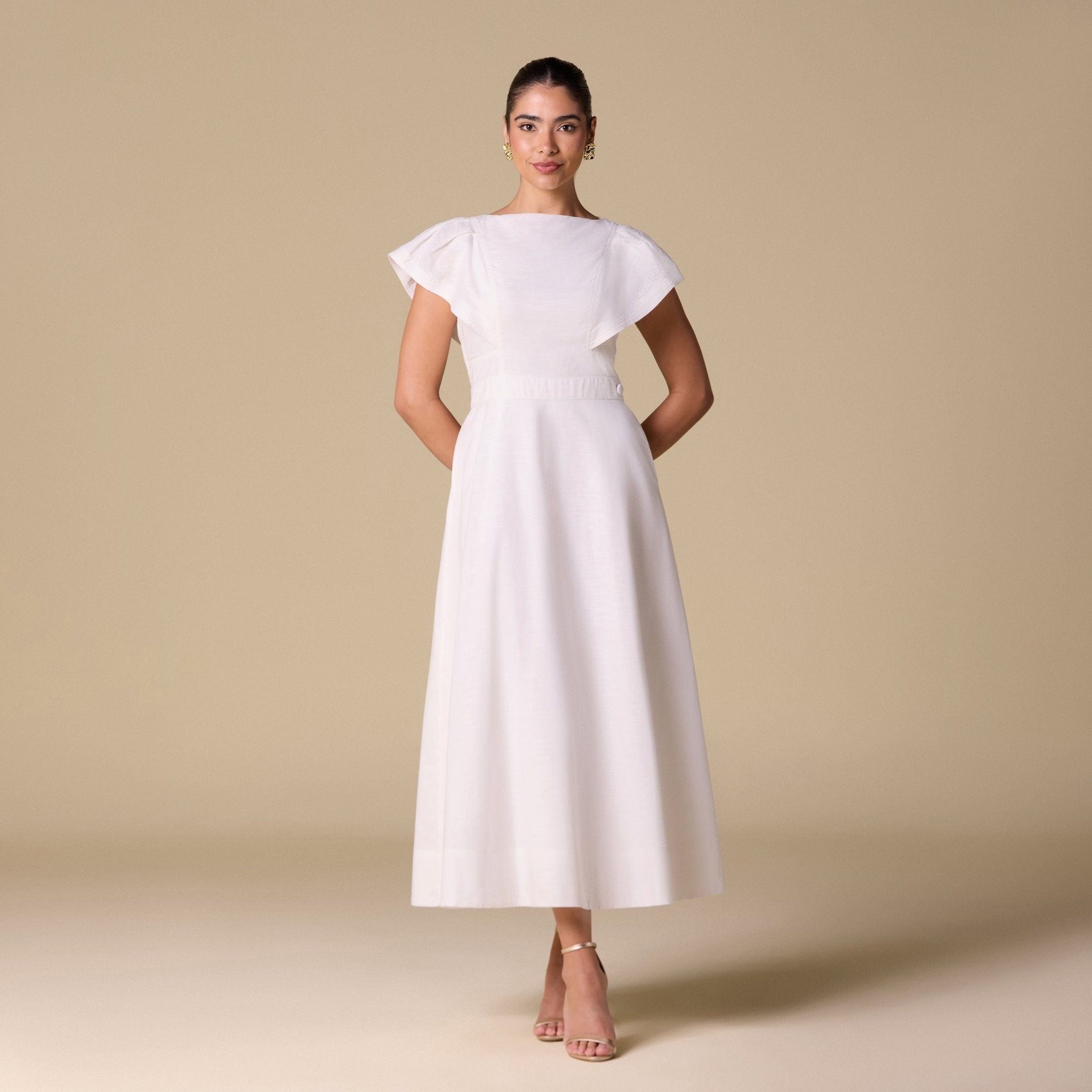 White Linen Blend Short Flared Sleeve Midi Dress - shopaleena