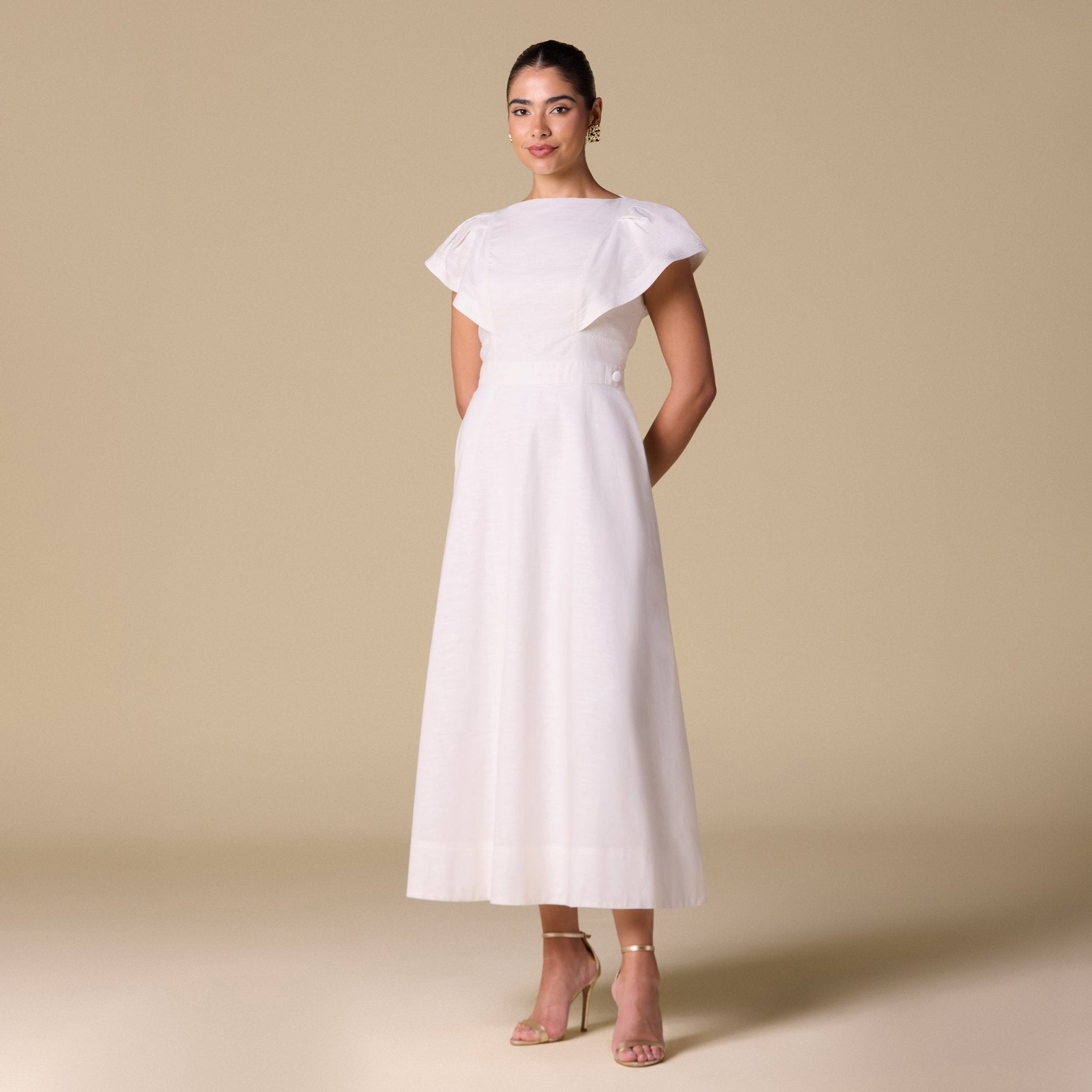 White Linen Blend Short Flared Sleeve Midi Dress - shopaleena