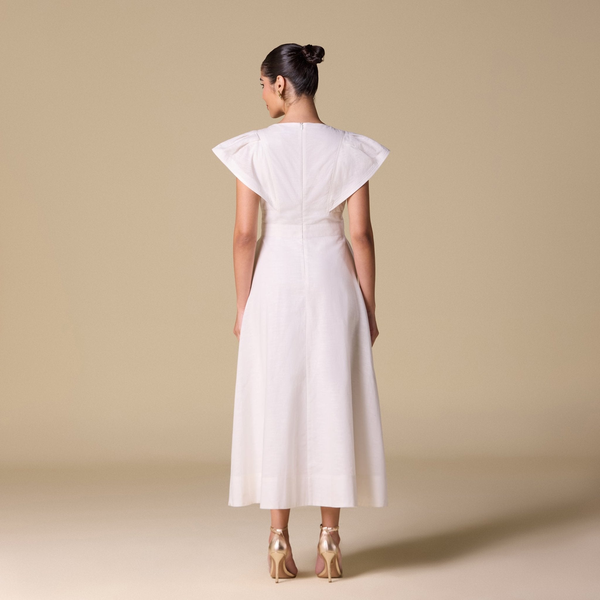 White Linen Blend Short Flared Sleeve Midi Dress - shopaleena