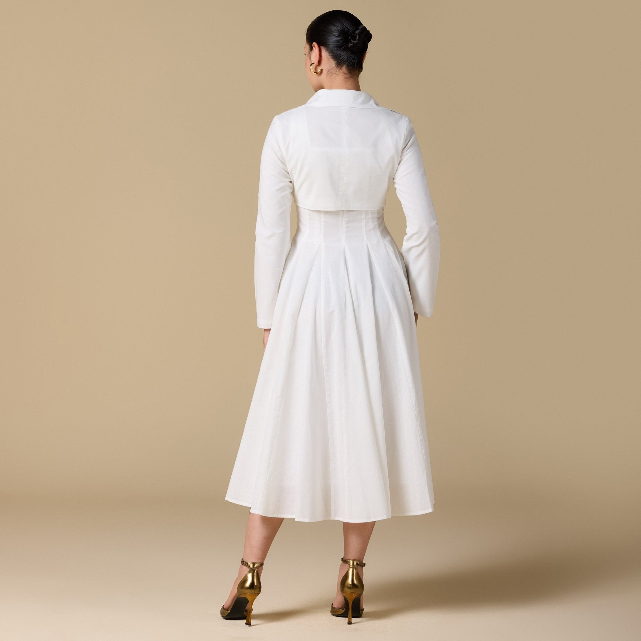 White Linen - Blend Square Neckline Dress with Crop Jacket - shopaleena