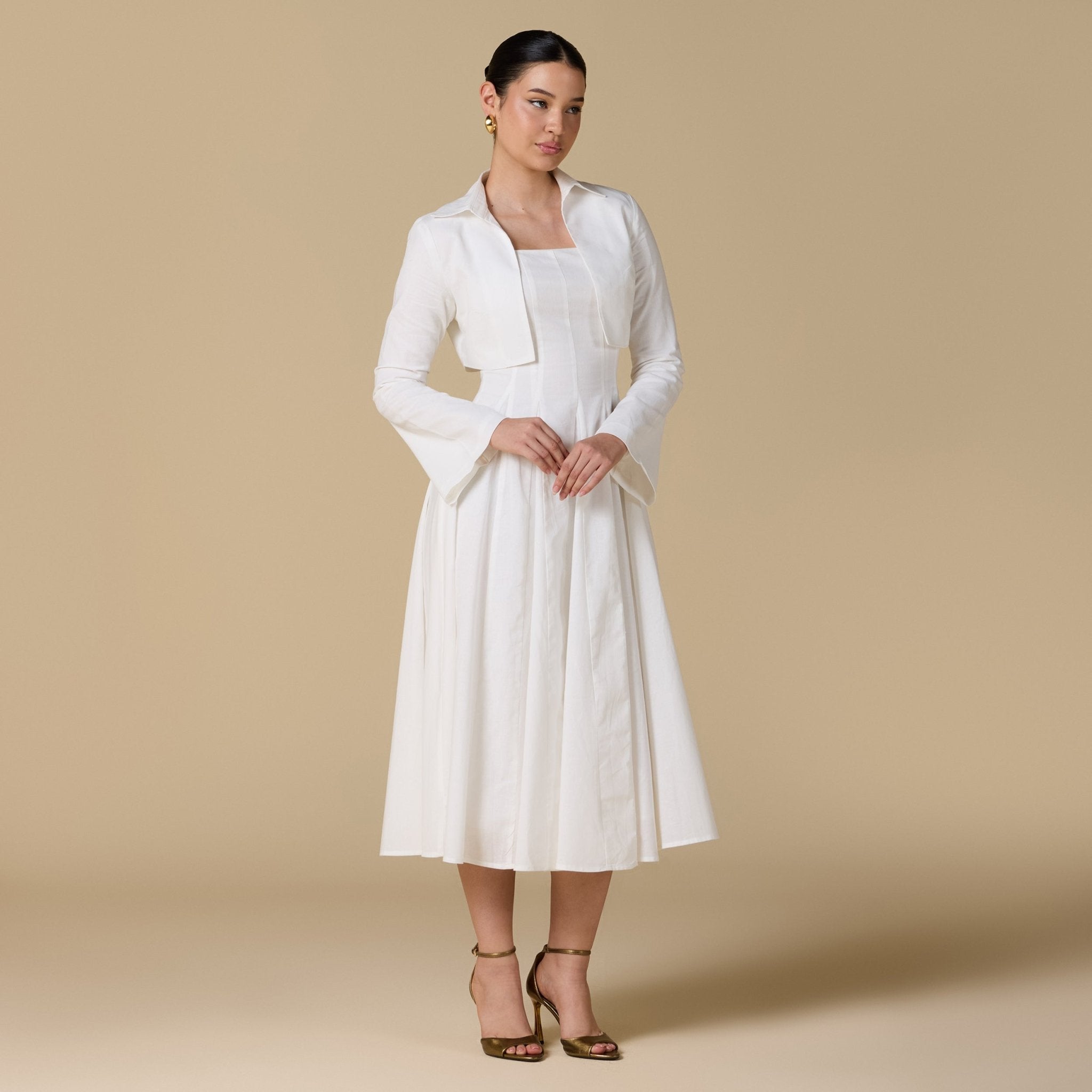 White Linen - Blend Square Neckline Dress with Crop Jacket - shopaleena
