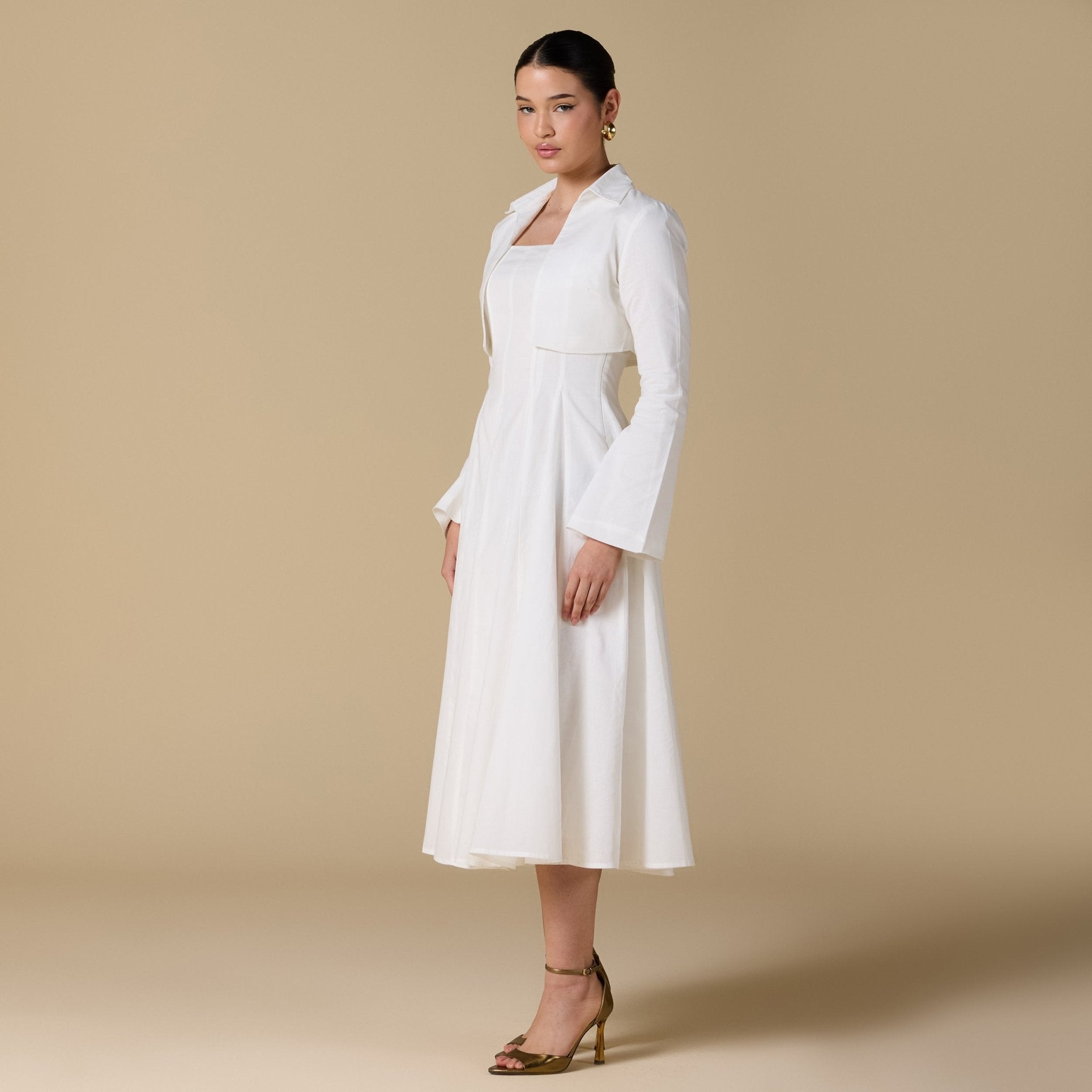 White Linen - Blend Square Neckline Dress with Crop Jacket - shopaleena