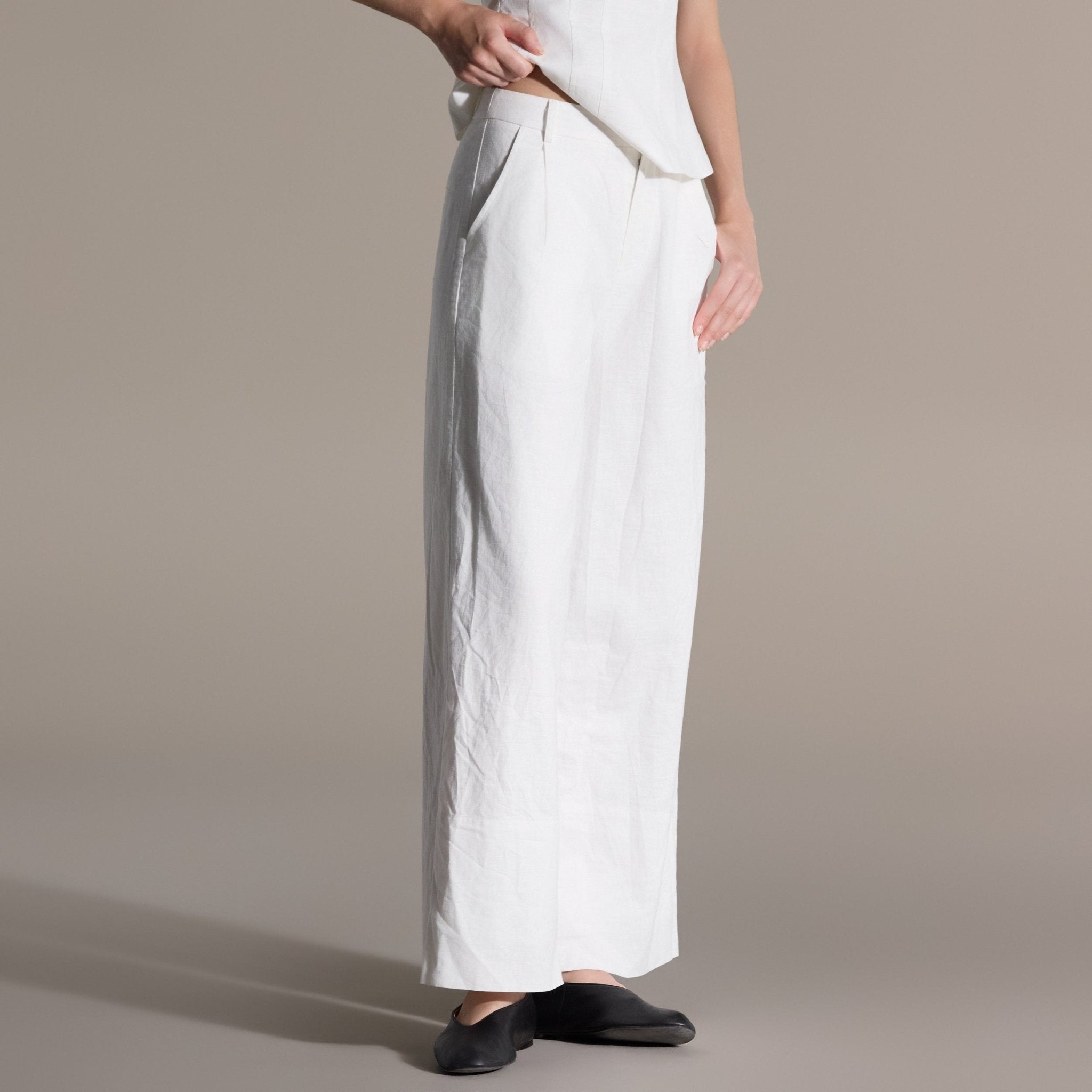 White Linen Straight Leg Pants - shopaleena