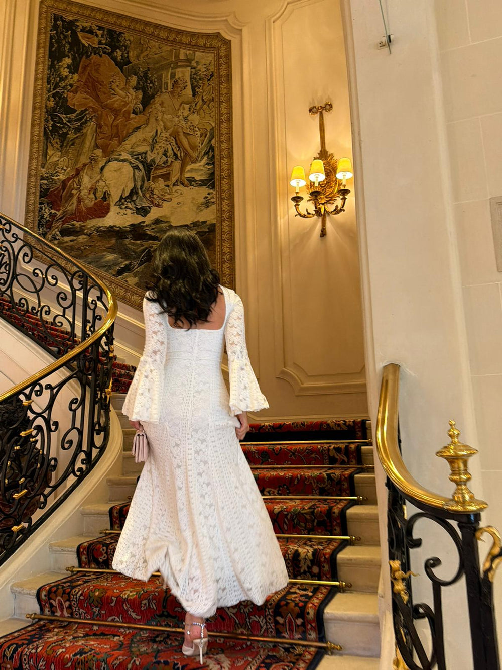 White Long Flared Sleeve Lace Dress with Open Back shopaleena White Long Flared Sleeve Lace Dress with Open Back shopaleena