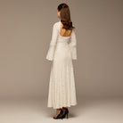 White Long Flared Sleeve Lace Dress with Open Back - shopaleena