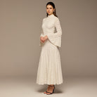 White Long Flared Sleeve Lace Dress with Open Back - shopaleena