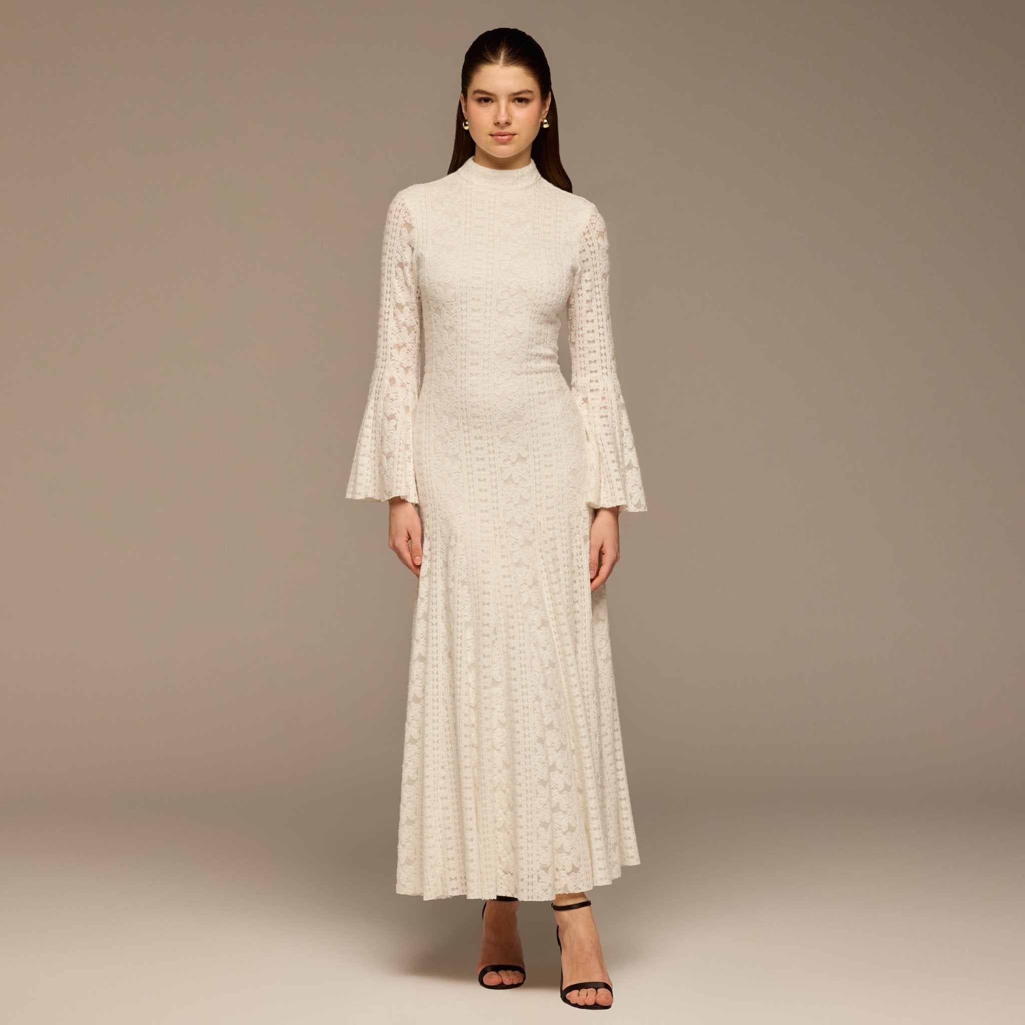 White Long Flared Sleeve Lace Dress - shopaleena
