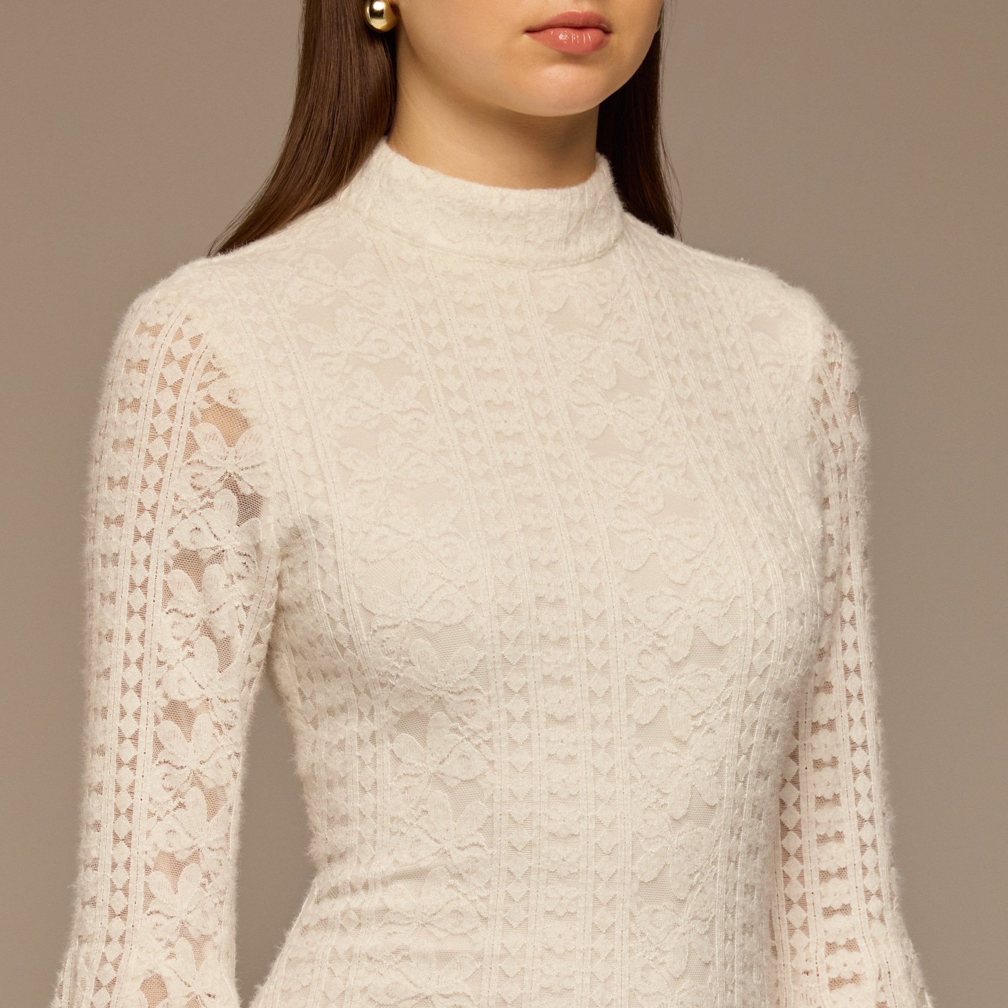 White Long Flared Sleeve Lace Dress - shopaleena