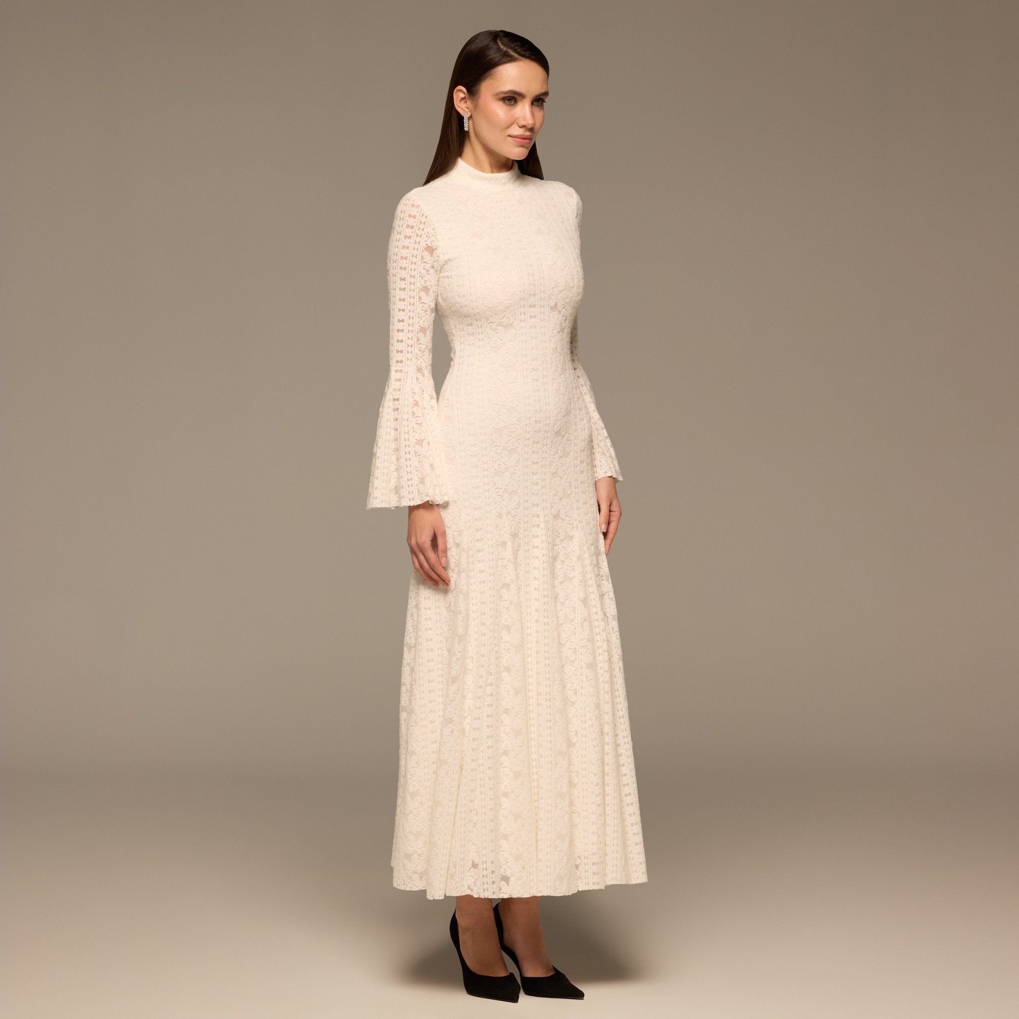 White Long Flared Sleeve Lace Dress - shopaleena