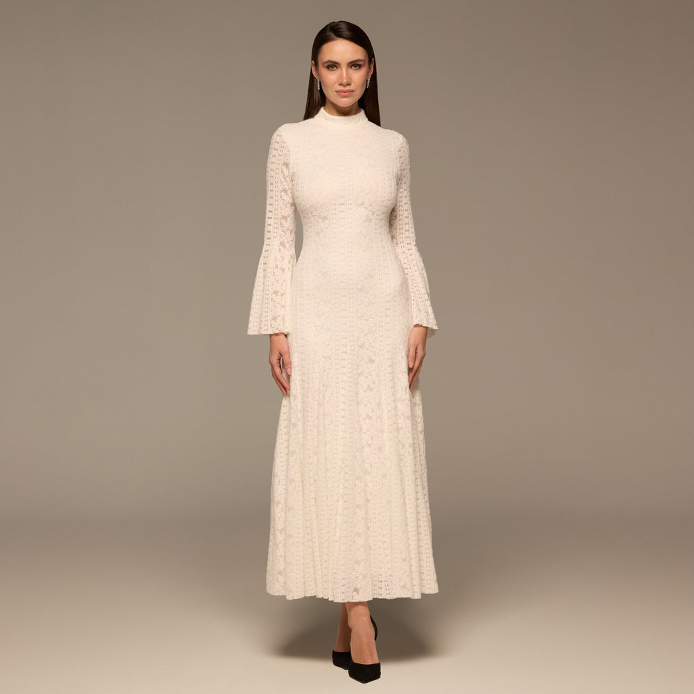 White Long Flared Sleeve Lace Dress - shopaleena
