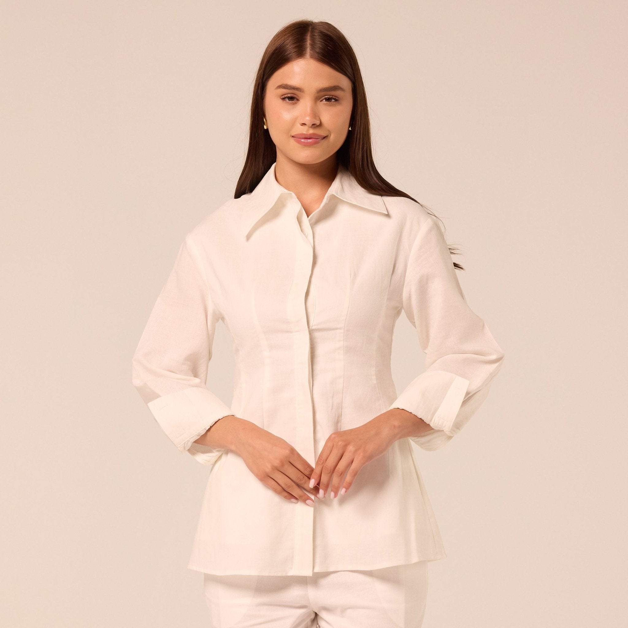 White Long Sleeve Cotton-Linen Shirt - shopaleena