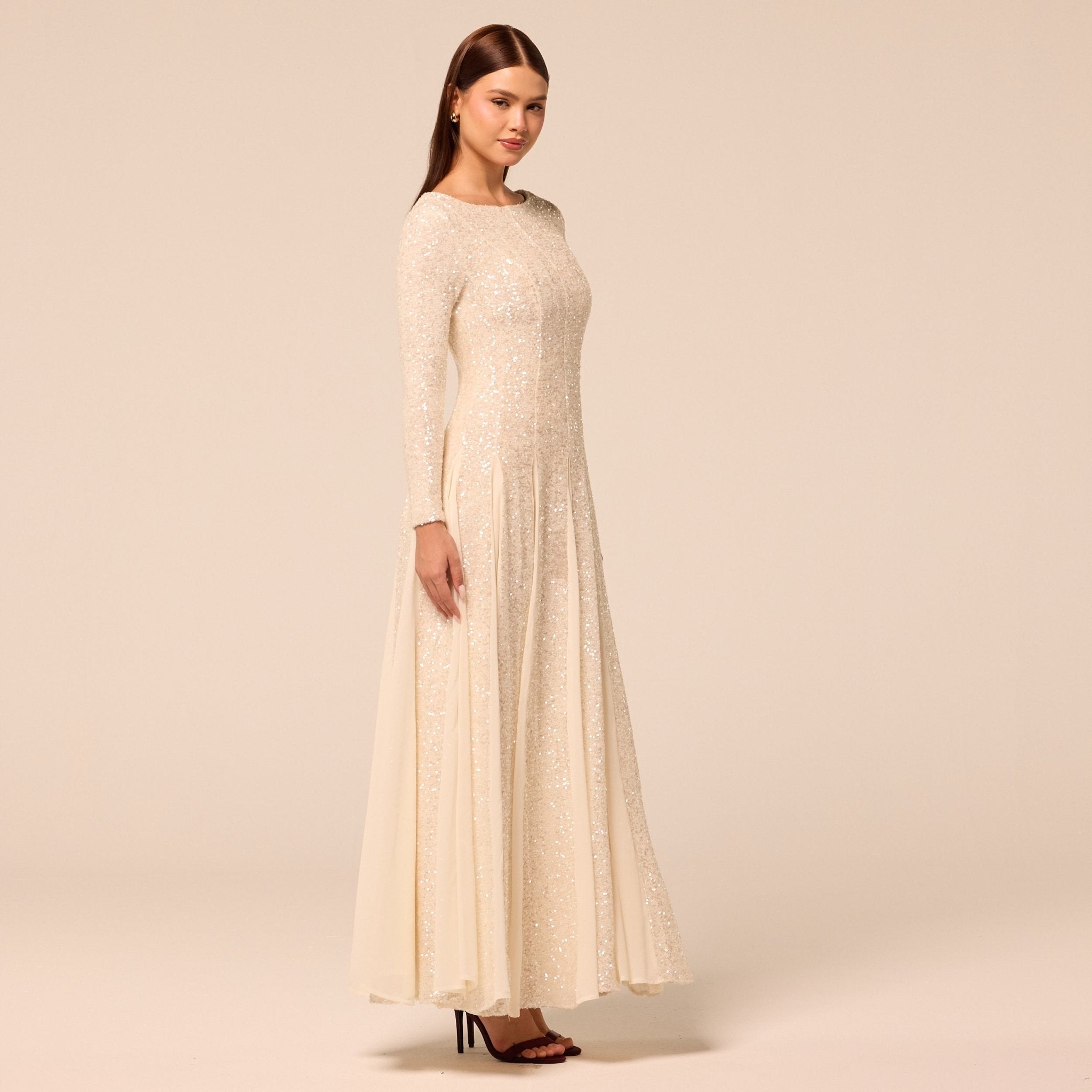 White Long Sleeve Sequin Dress with Chiffon Godets – shopaleena