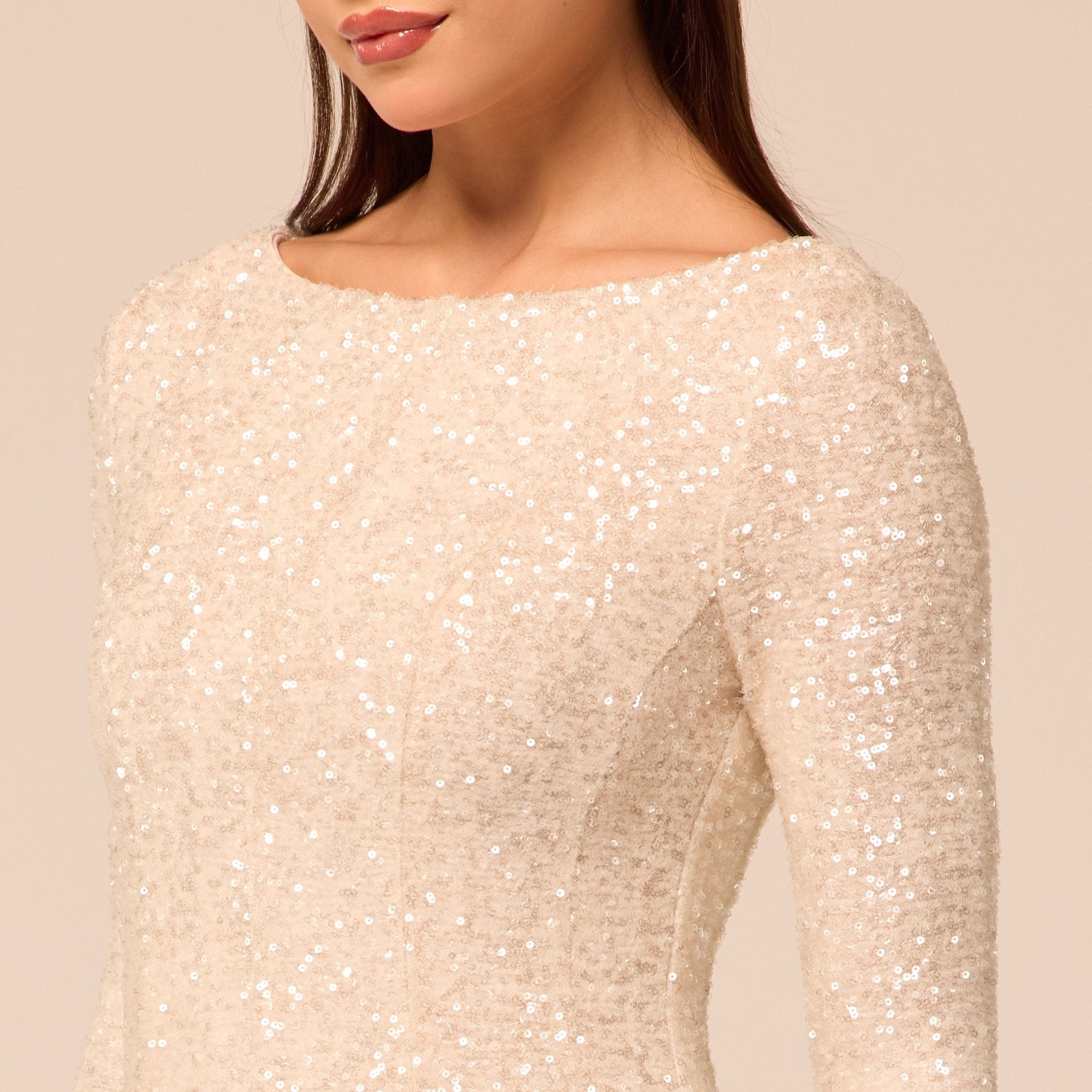 White Long Sleeve Sequin Dress with Chiffon Godets - shopaleena