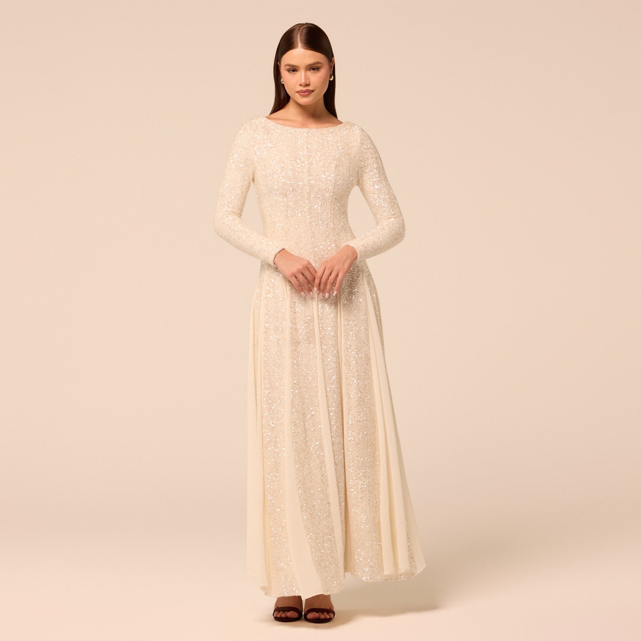 White Long Sleeve Sequin Dress with Chiffon Godets - shopaleena