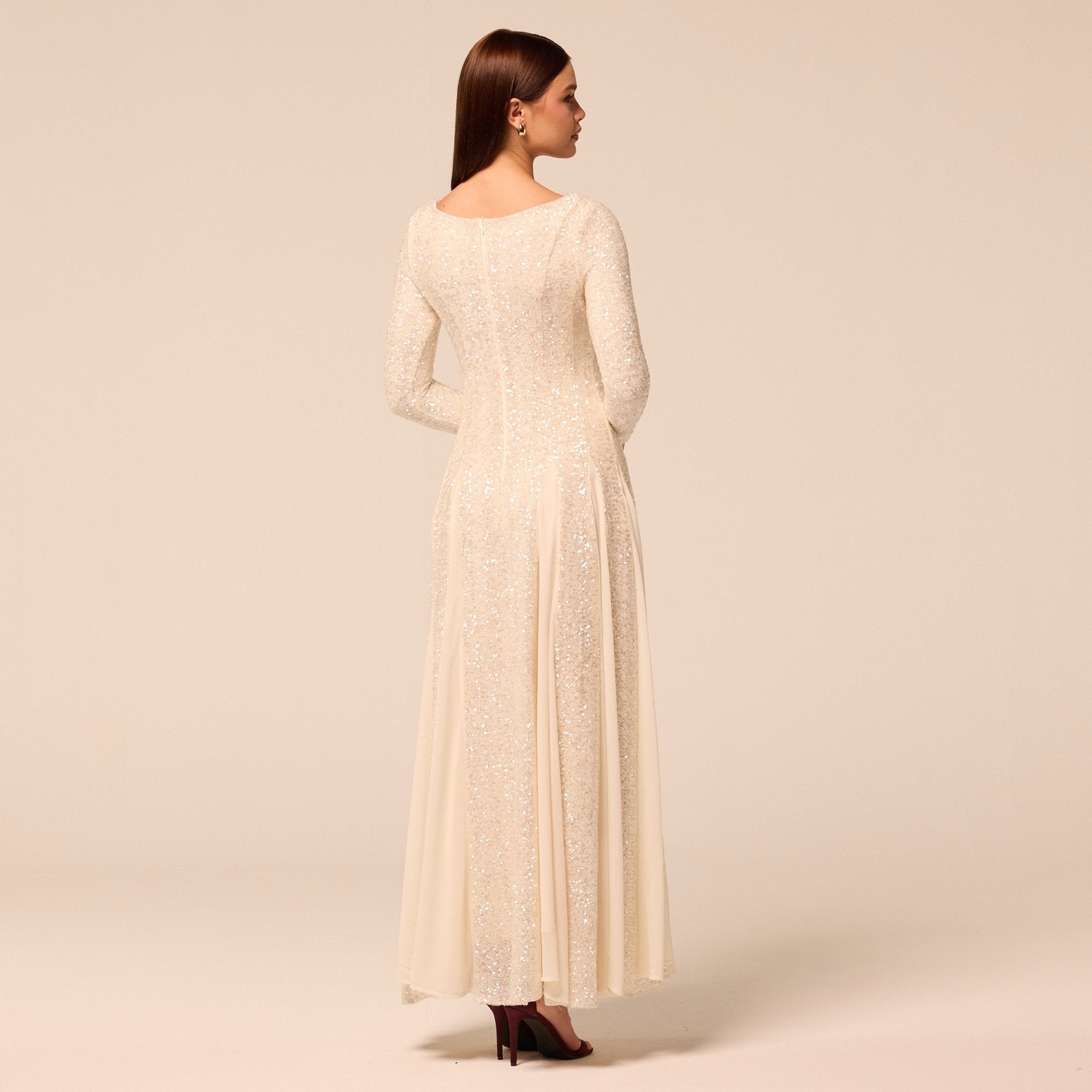 White Long Sleeve Sequin Dress with Chiffon Godets - shopaleena