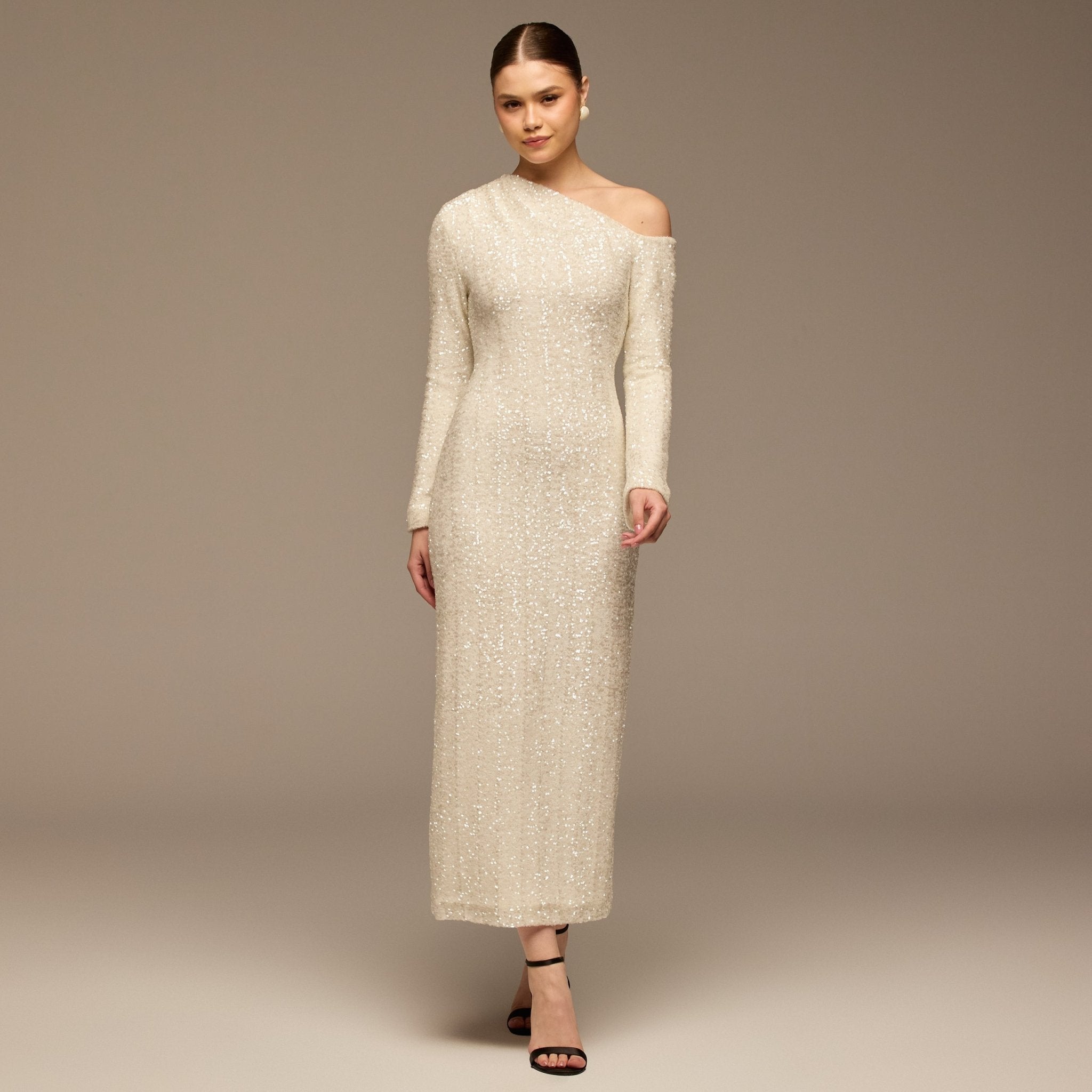 White Long - Sleeve Sequin Maxi Dress - shopaleena