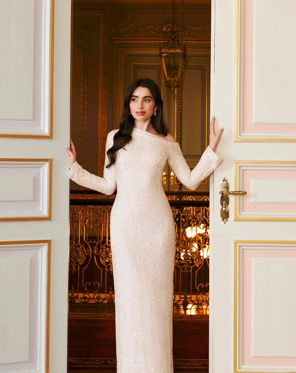 White Long - Sleeve Sequin Maxi Dress - shopaleena