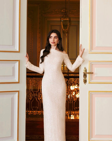 White Long-Sleeve Sequin Maxi Dress  shopaleena