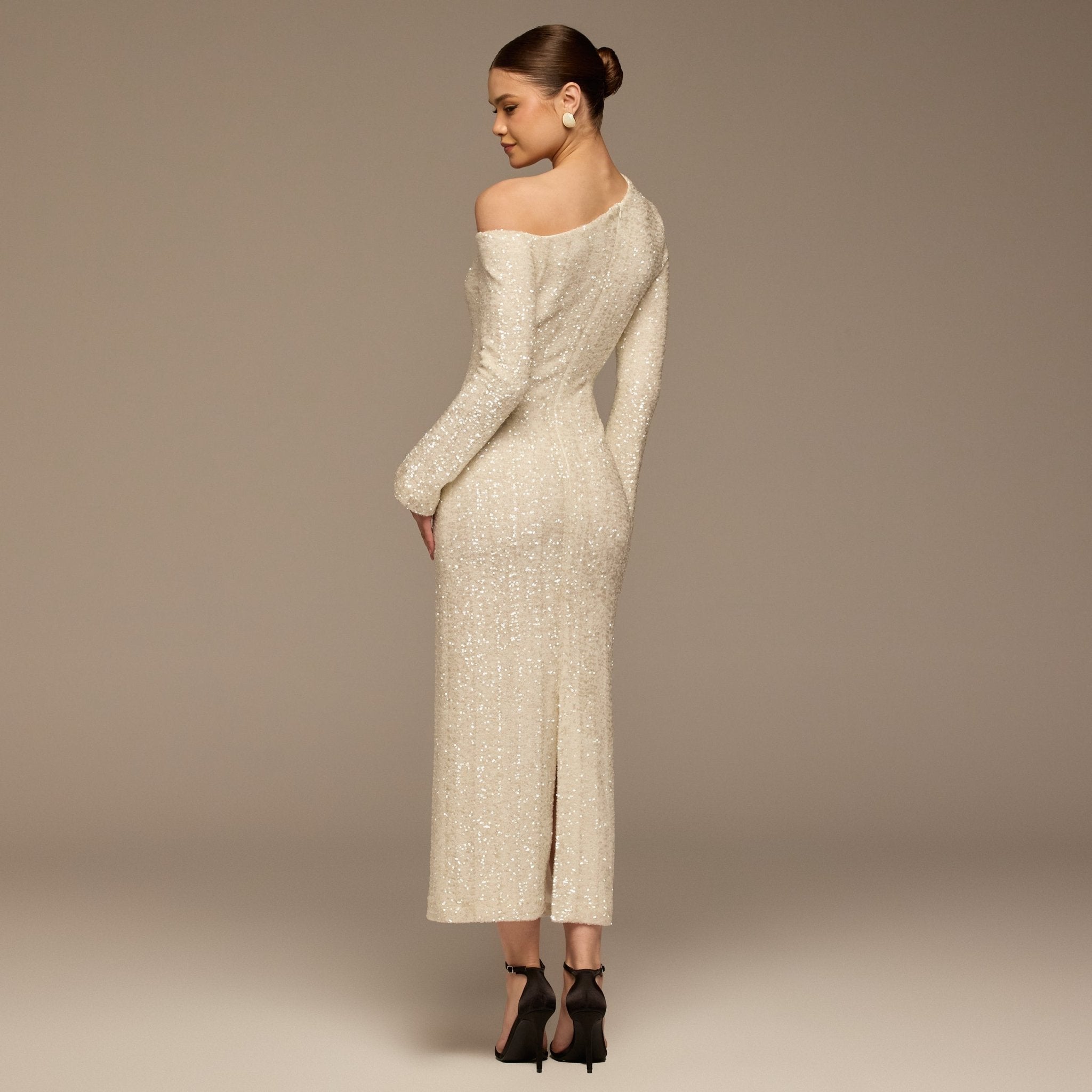White Long - Sleeve Sequin Maxi Dress - shopaleena