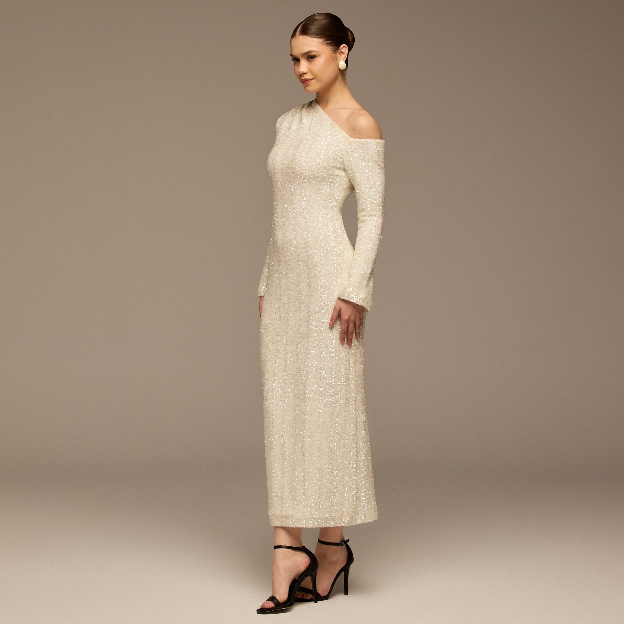 White Long - Sleeve Sequin Maxi Dress - shopaleena