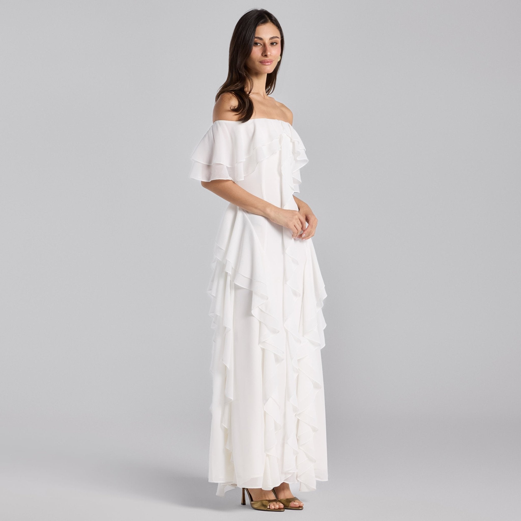 White Off Shoulder Velvet Maxi Dress With Ruffles - shopaleena