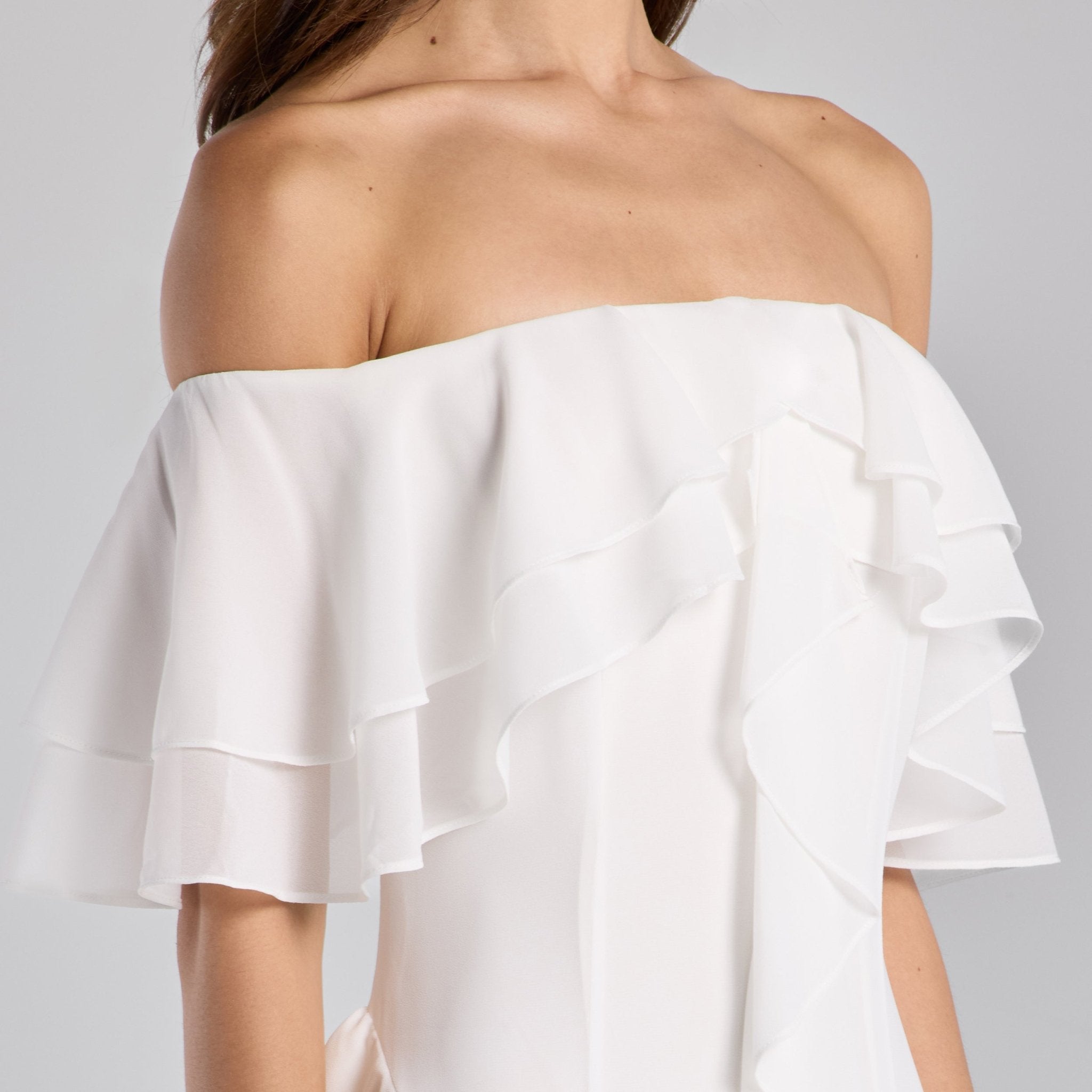 White Off Shoulder Velvet Maxi Dress With Ruffles - shopaleena