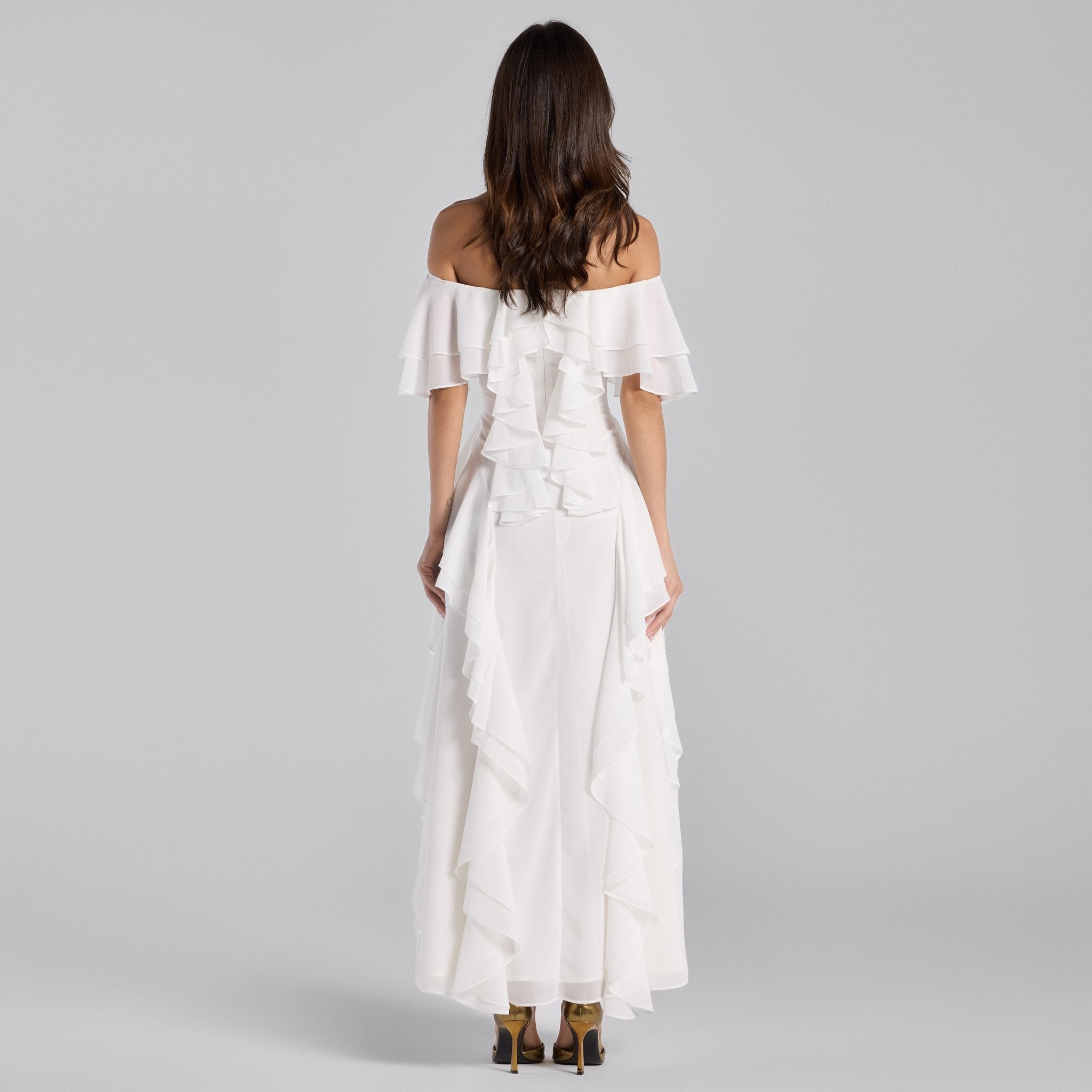 White Off Shoulder Velvet Maxi Dress With Ruffles - shopaleena
