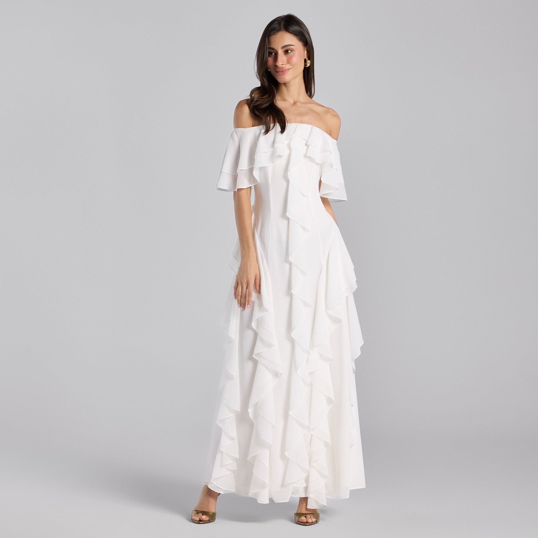 White Off Shoulder Velvet Maxi Dress With Ruffles - shopaleena