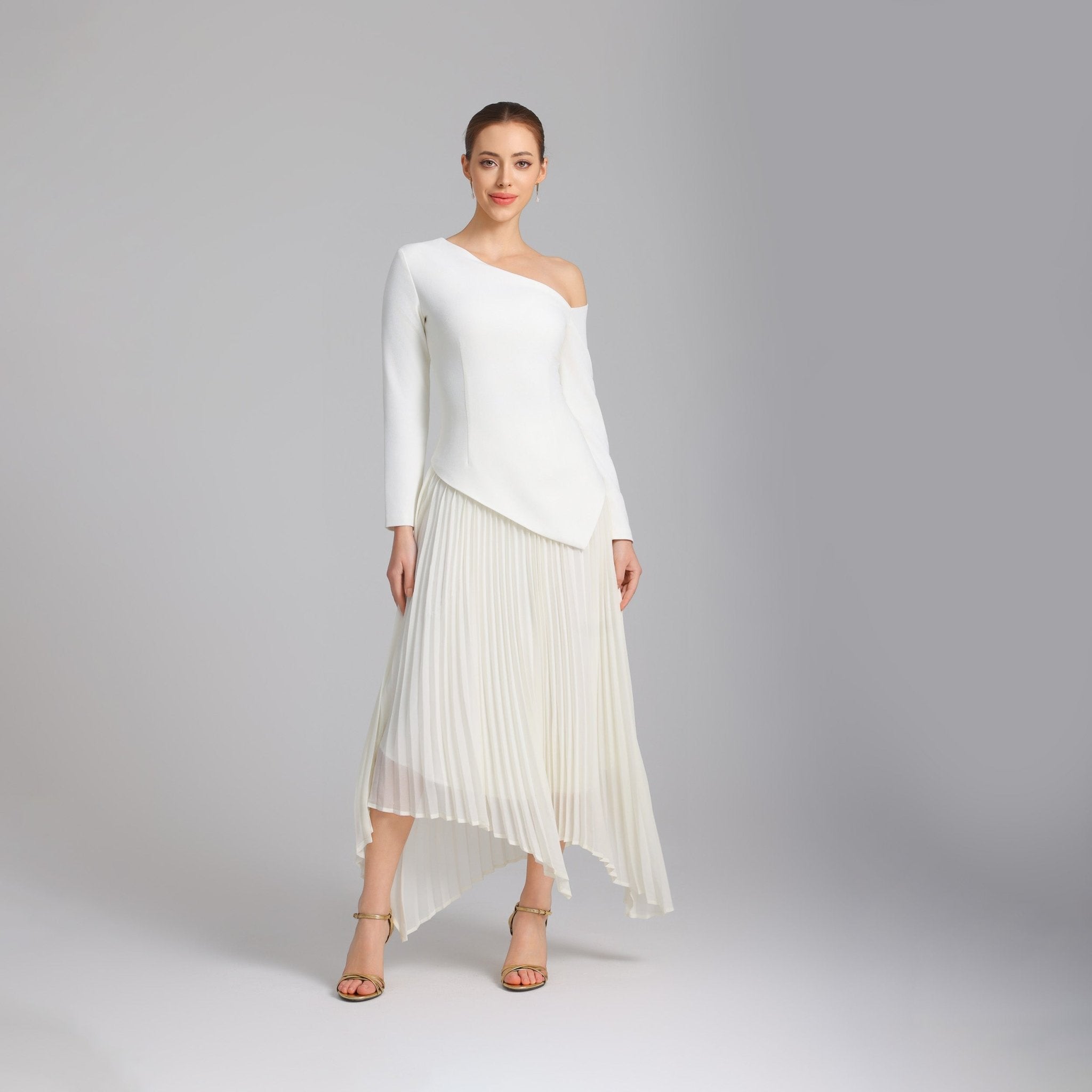 White One - shoulder Crepe Dress With Pleated Skirt - shopaleena