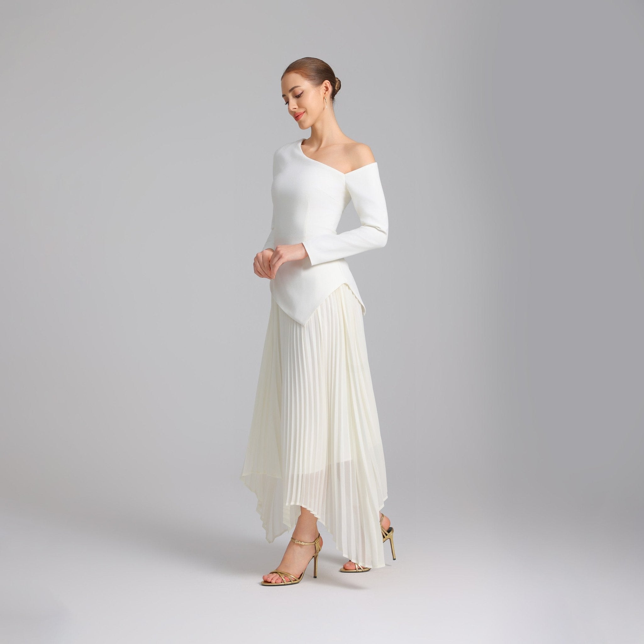 White One - shoulder Crepe Dress With Pleated Skirt - shopaleena