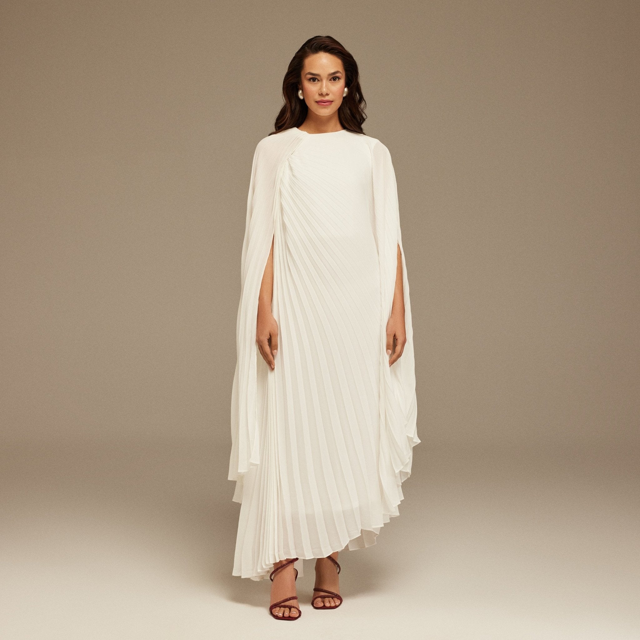 White Pleated Cape Midi Dress - shopaleena