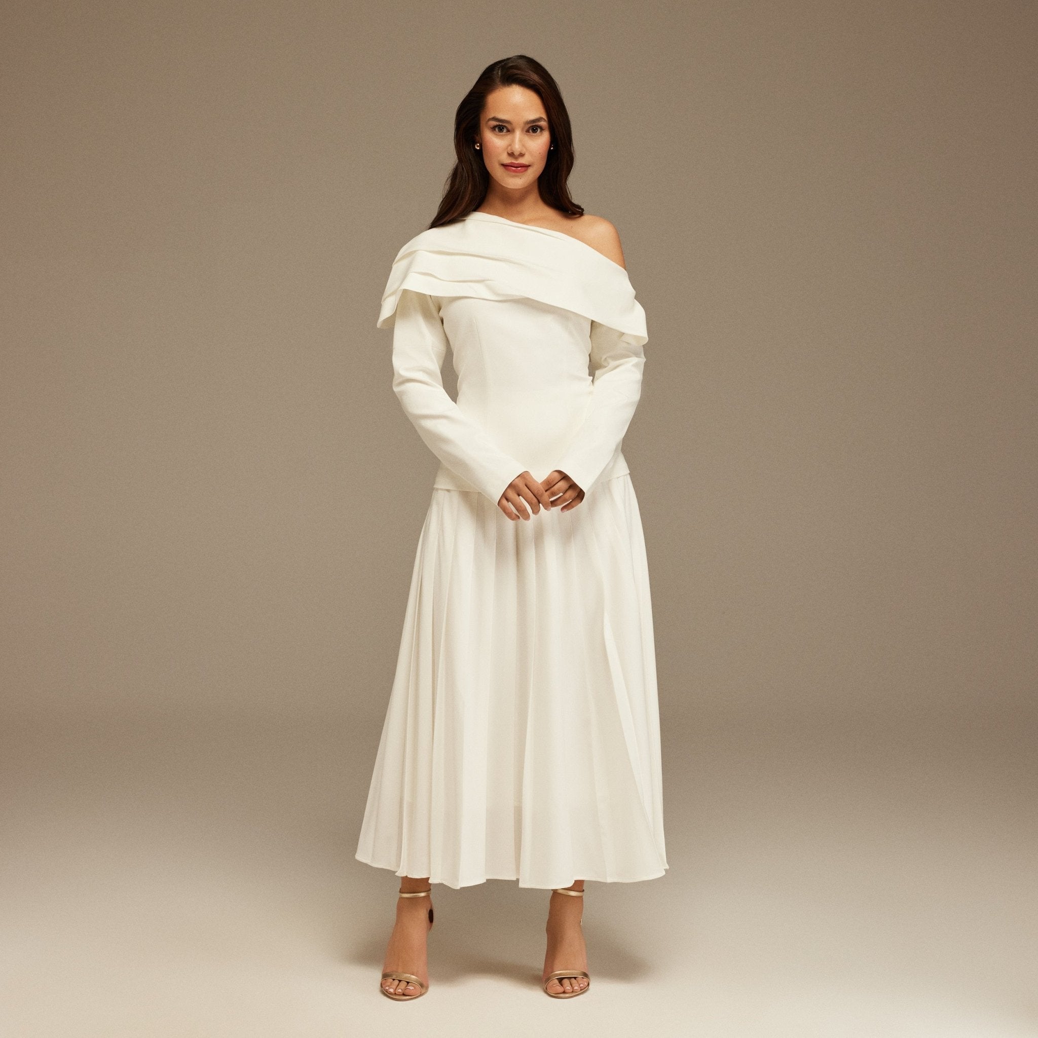 White Pleated Crepe Maxi Skirt - shopaleena