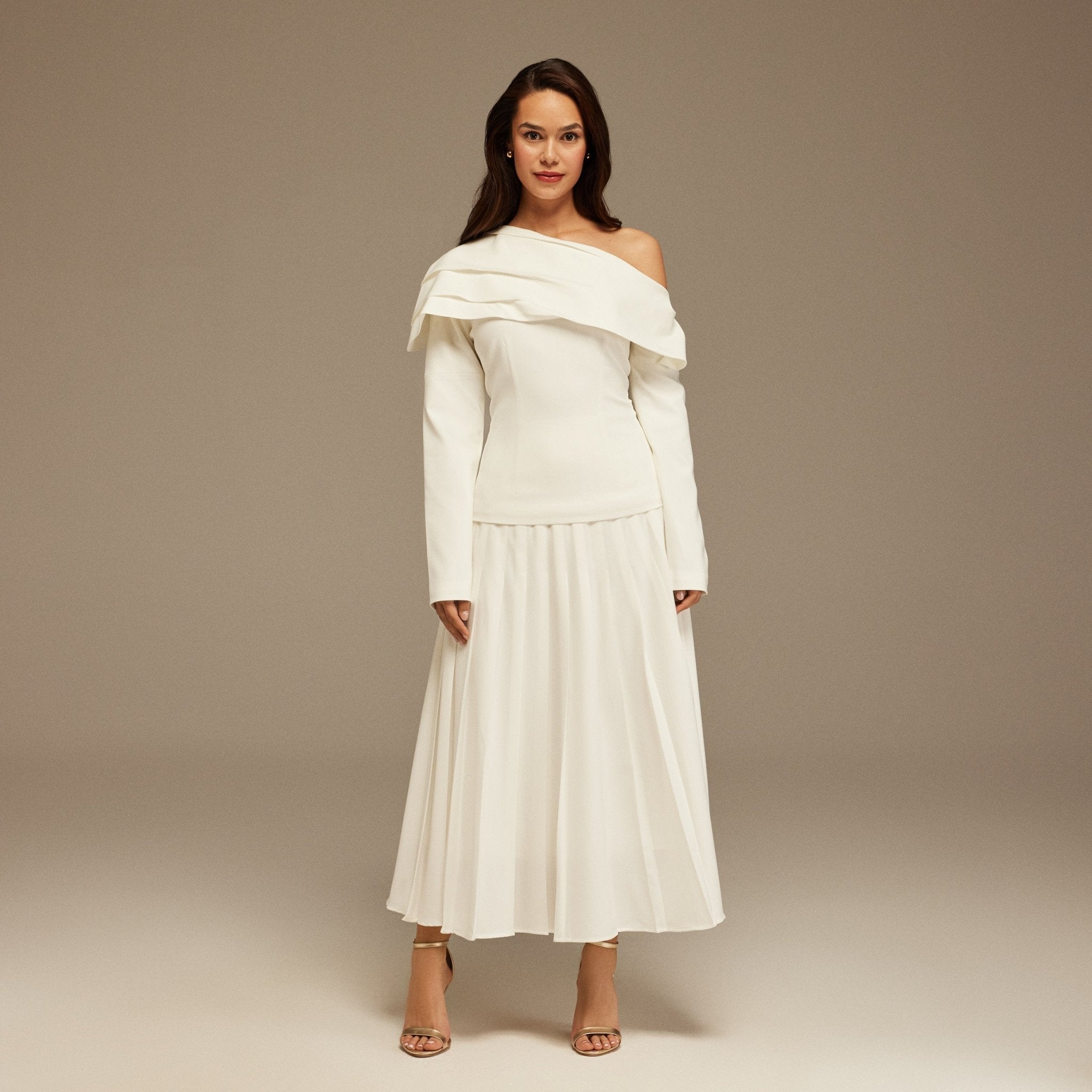 White Pleated Crepe Maxi Skirt - shopaleena