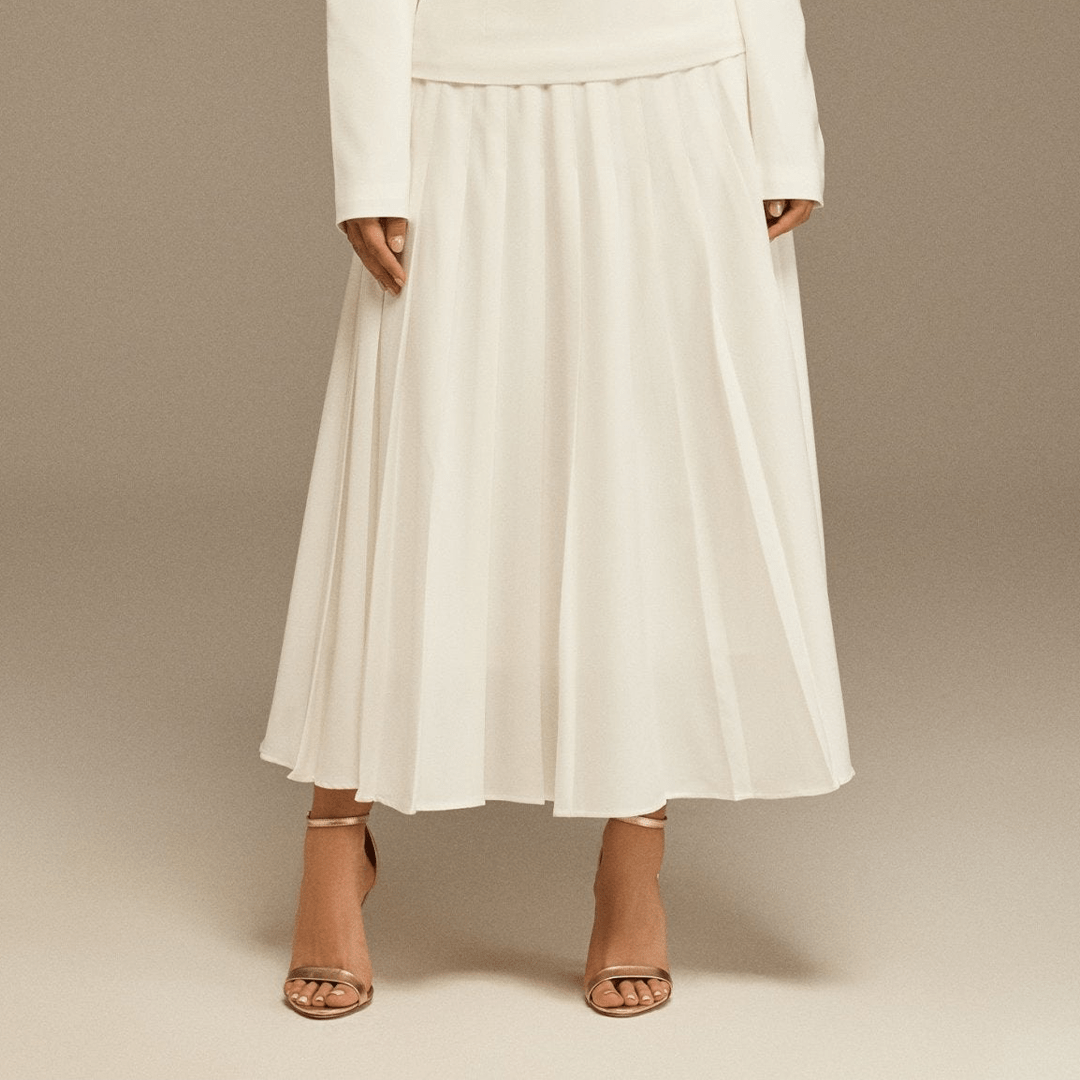 White Pleated Crepe Maxi Skirt - shopaleena