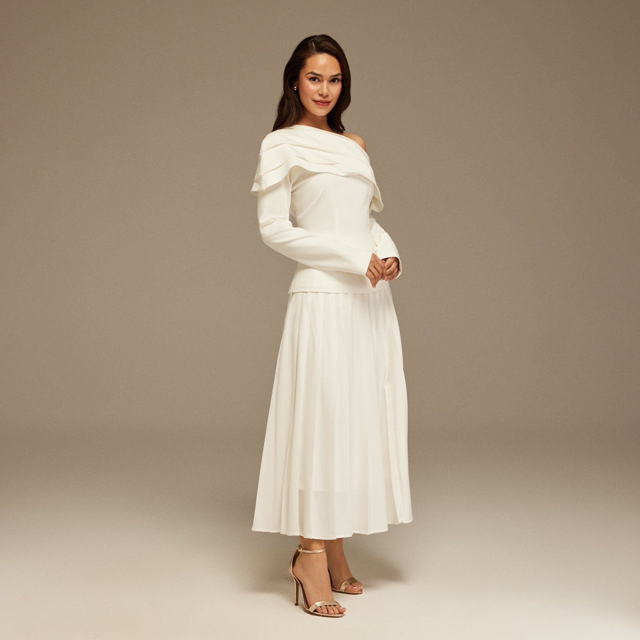 White Pleated Crepe Maxi Skirt - shopaleena