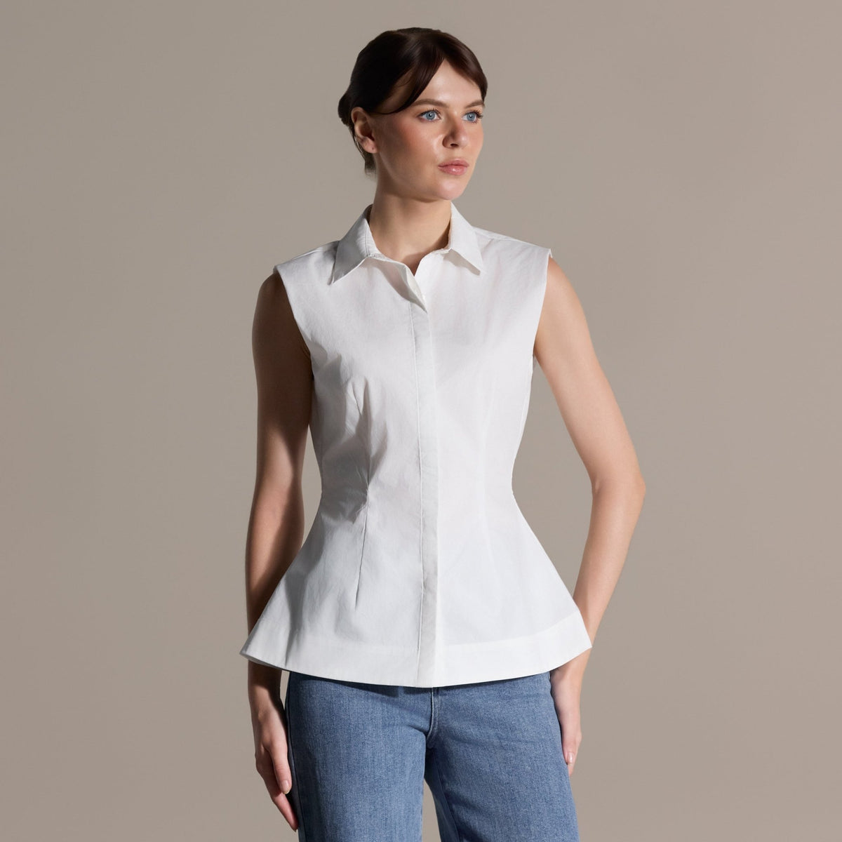 White Pleated Waist Sleeveless Shirt - shopaleena