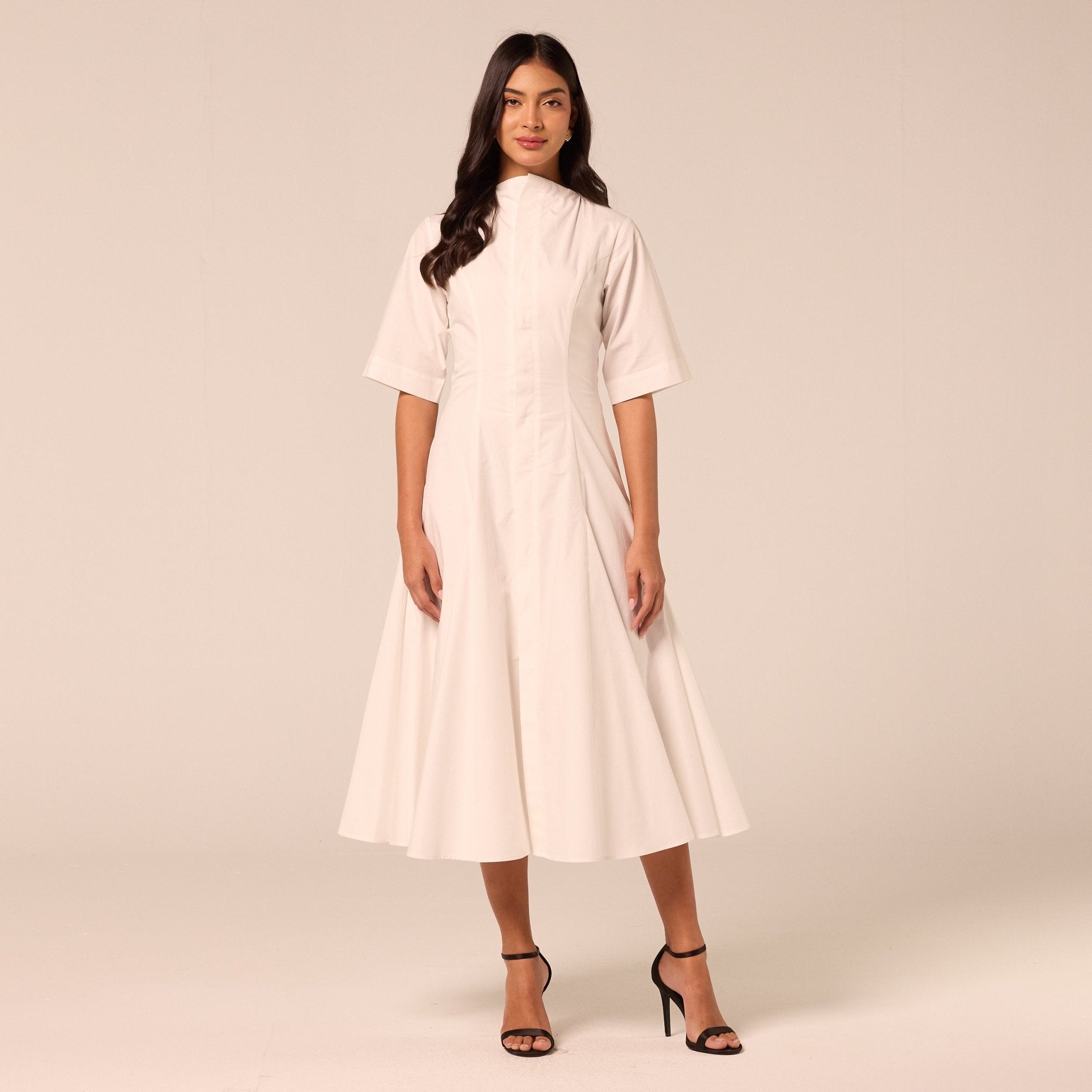 White Poplin Flared Hem Midi Dress - shopaleena
