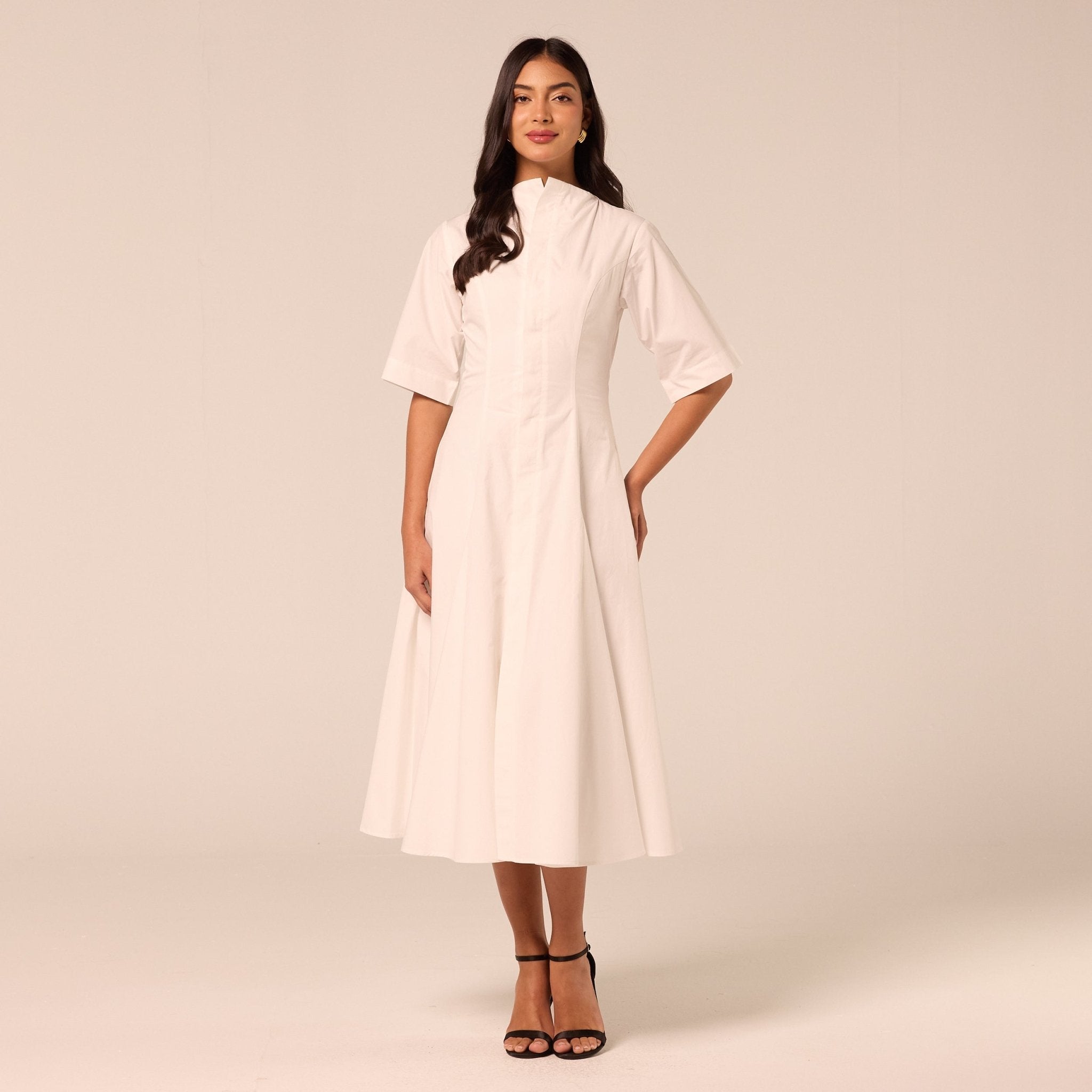 White Poplin Flared Hem Midi Dress - shopaleena