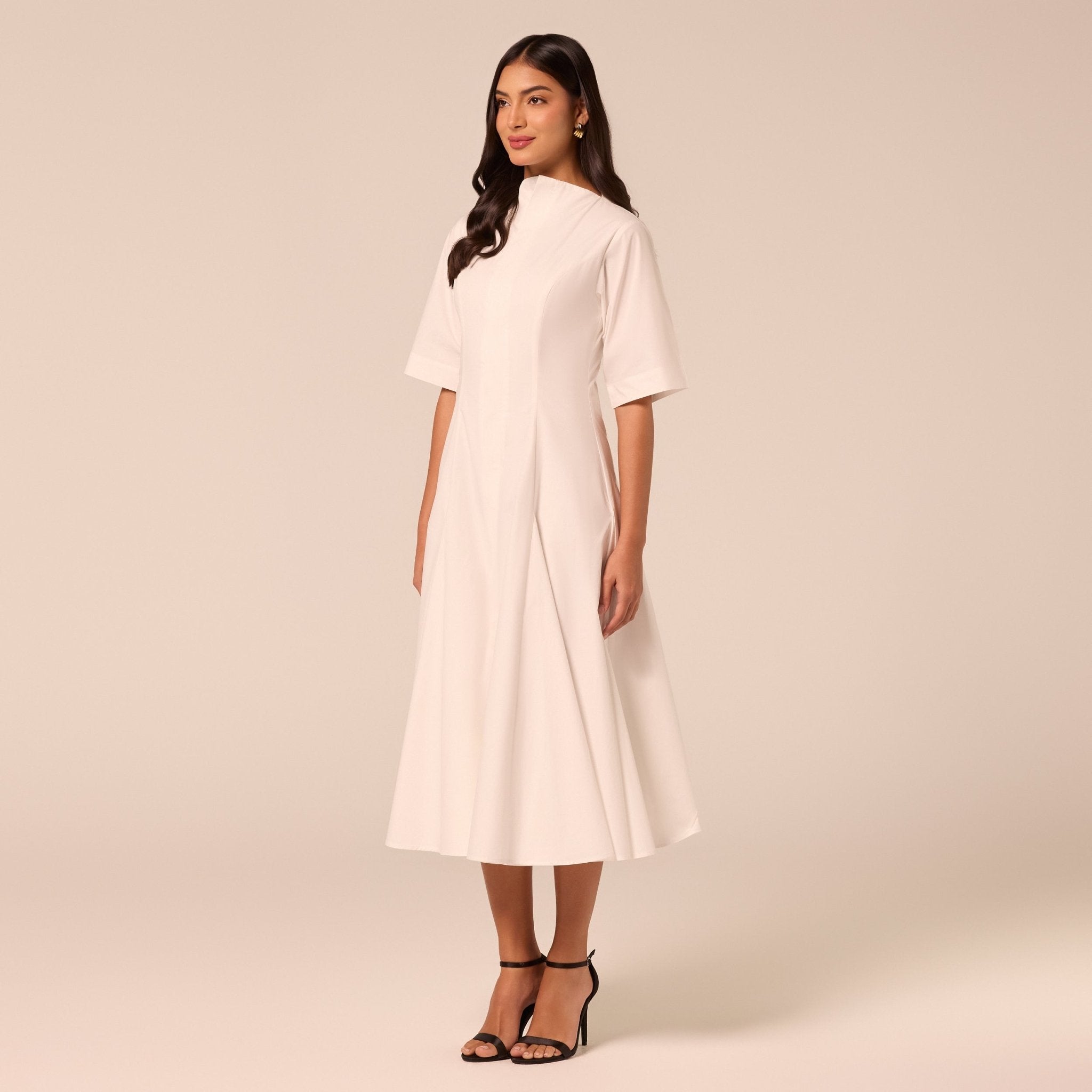 White Poplin Flared Hem Midi Dress - shopaleena