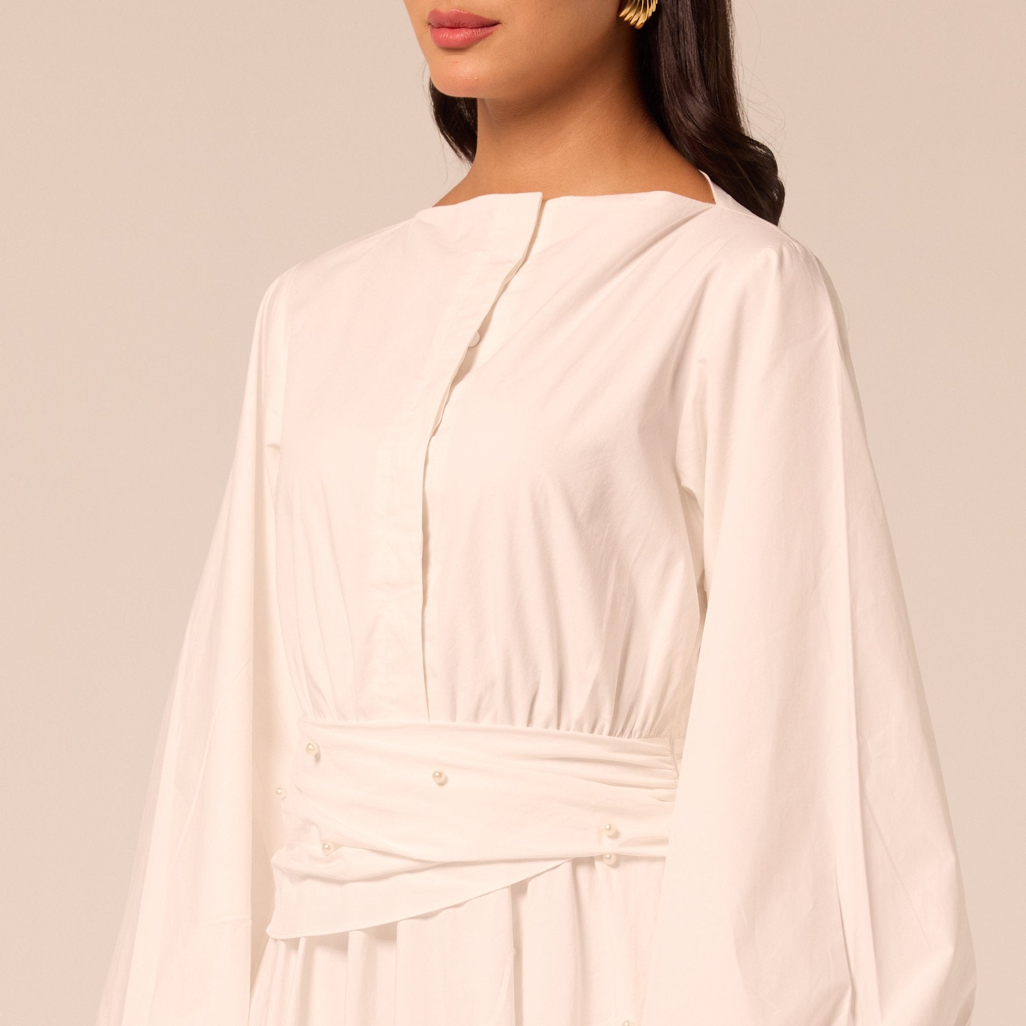 White Poplin Maxi Dress with Pearls - shopaleena