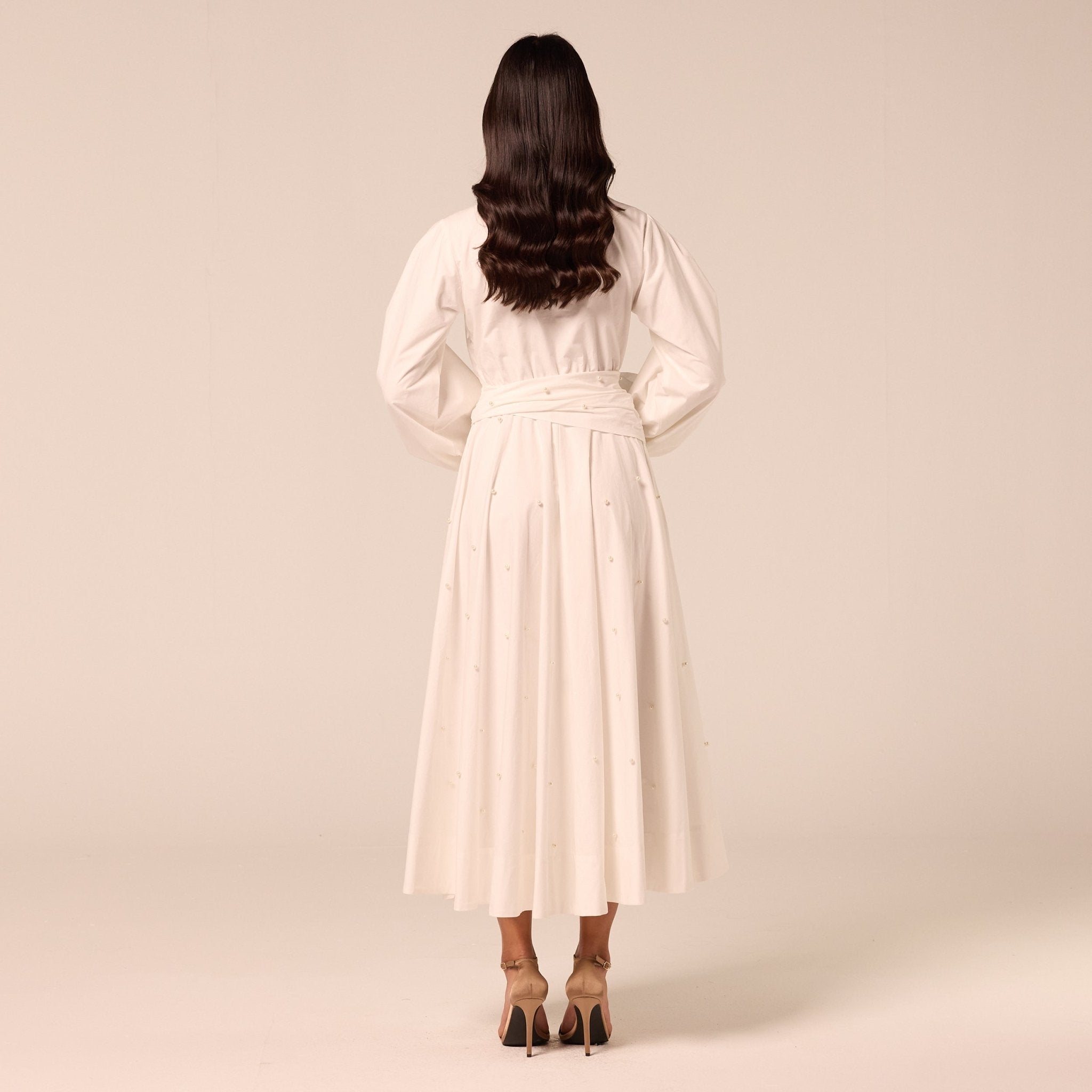 White Poplin Maxi Dress with Pearls - shopaleena